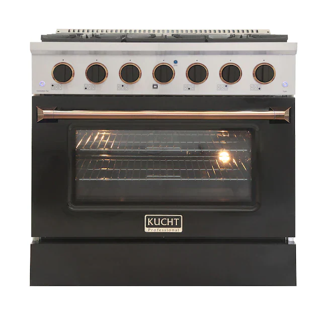 Kucht Signature 36-Inch Pro-Style Dual Fuel Range in Propane Gas with Black Oven Door & Gold Accents (KDF362/LP-K-GOLD)