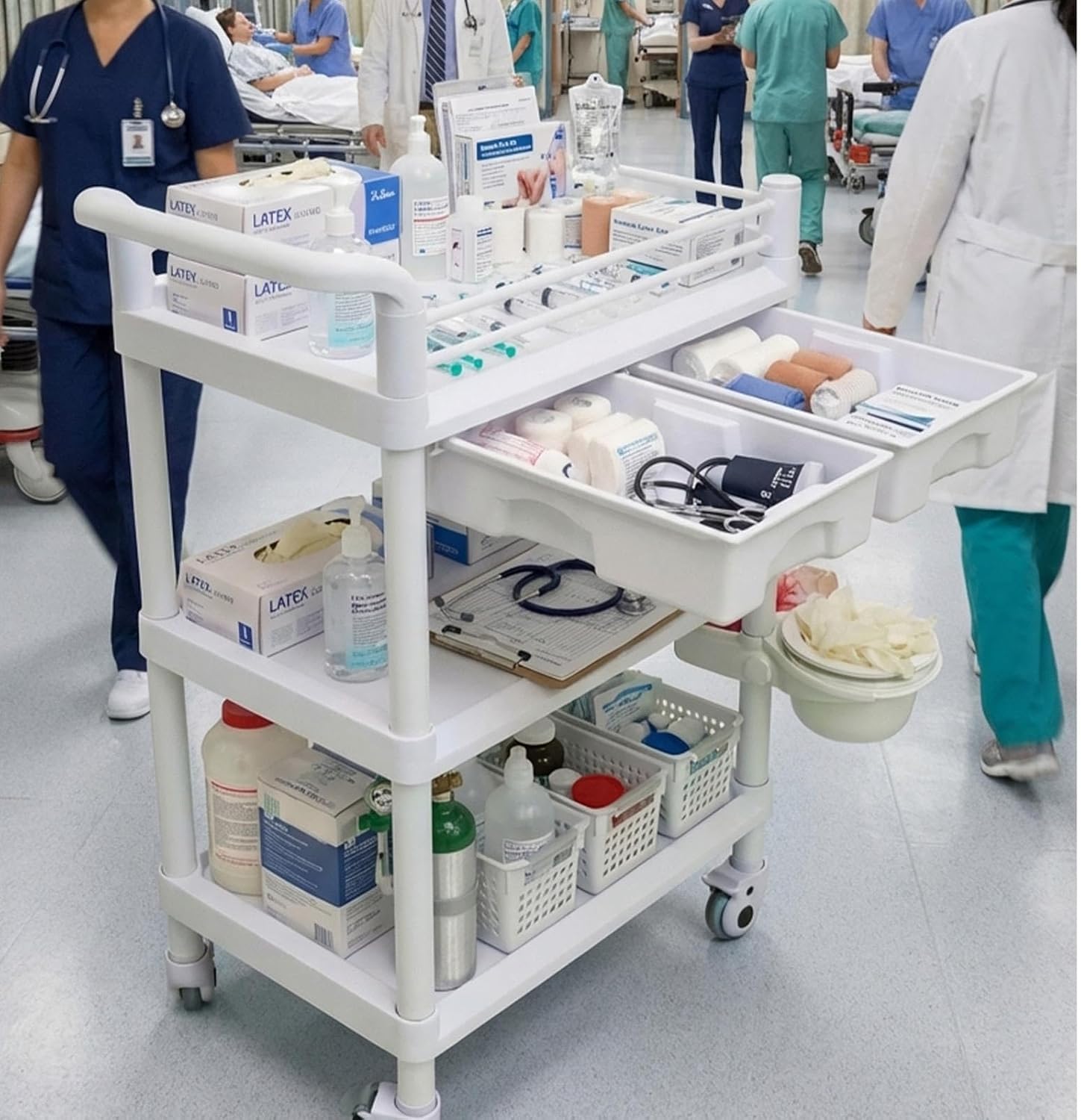 360° Rotate Medical Mobile Trolley Cart with 2 Drawers & 3 Trash Cans, Salon Trolley Cart with 4 Silent Wheels, 440 LBS Max Load White Utility Cart for Hospital Dental Clinic Home