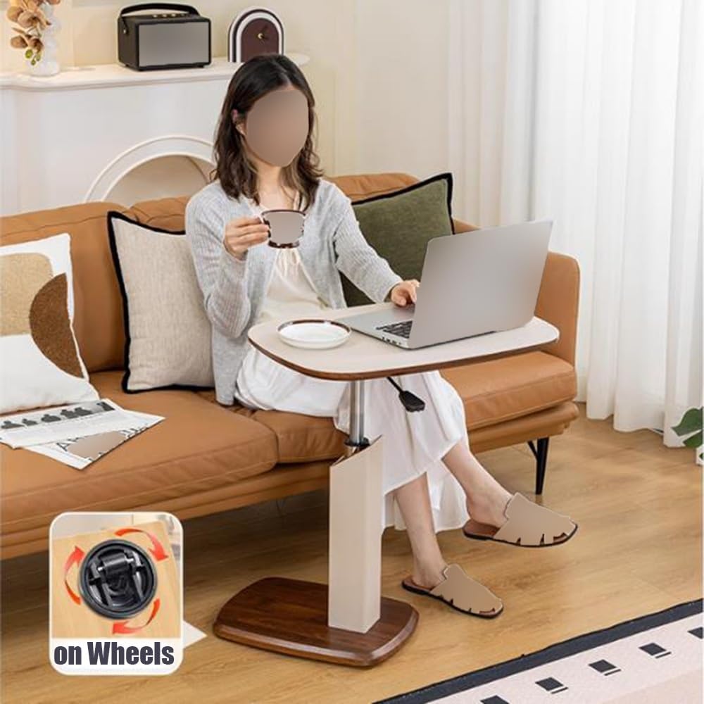 C Table Couch Side Table Mobile Coffee Table 360° Rotating Desktop Tray Sofa Bedside Table Leather Tabletop, Living Room Small Spaces Use
