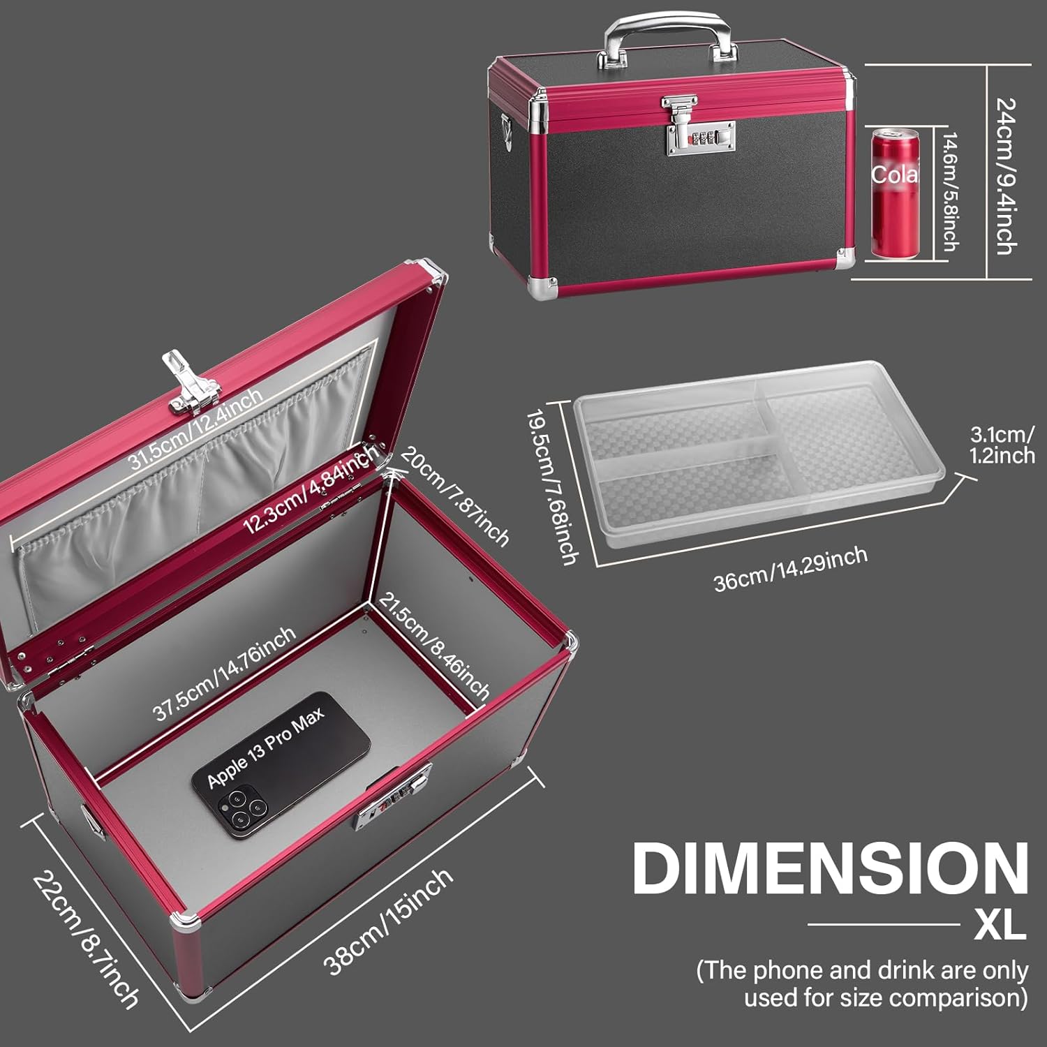 Medication Lock Box, 15x8.7x9.4 Inch Aluminum Alloy Medication Safe, First Aid Box with Detachable Tray & Travel Pouch, Childproof & Privacy Medicine Box for Home, Travel, Dorm (Black)