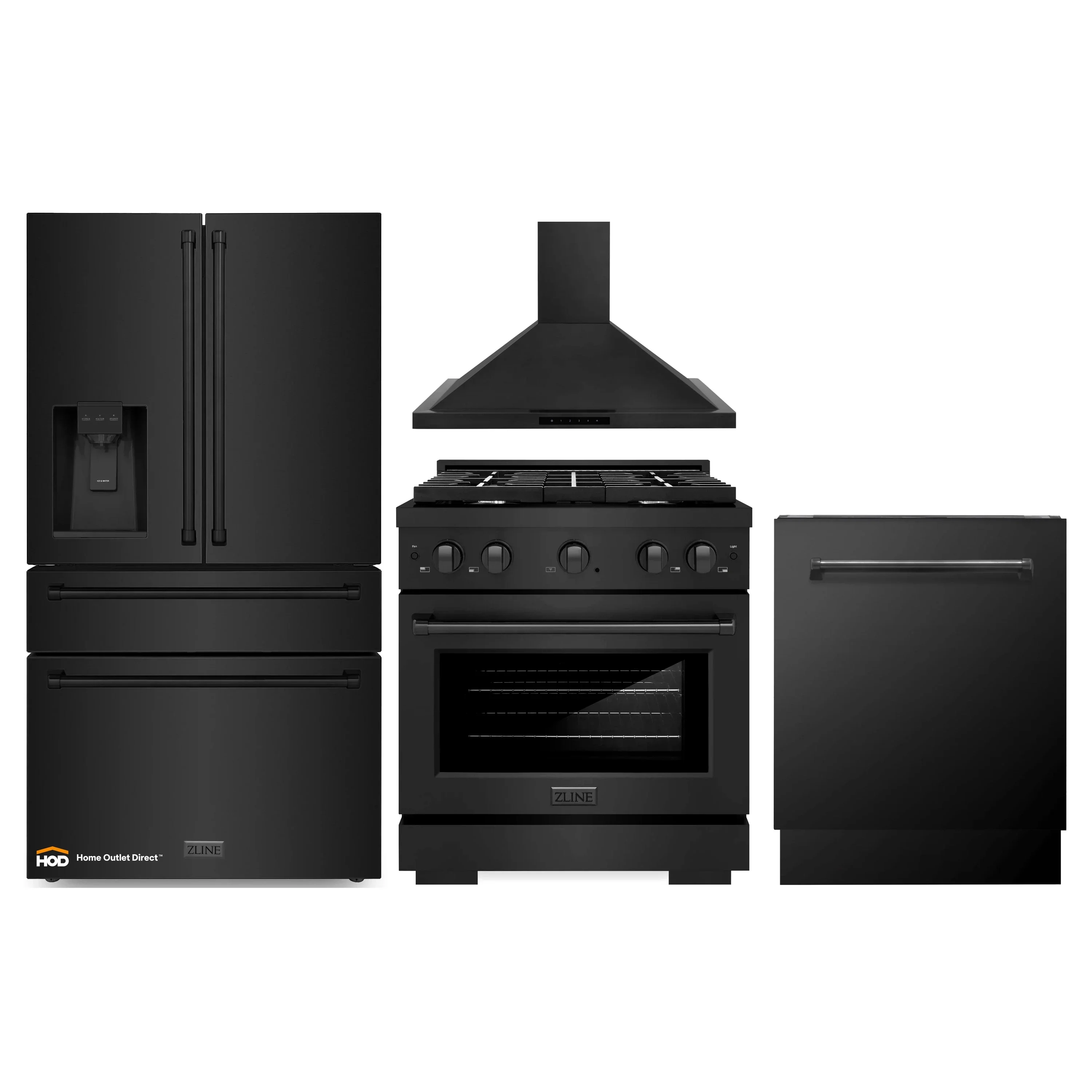 ZLINE 4-Piece Appliance Package - 30-Inch Gas Range, Refrigerator with Water Dispenser, Convertible Wall Mount Hood, and 3-Rack Dishwasher in Black Stainless Steel (4KPRW-SGRBRH30-DWV)