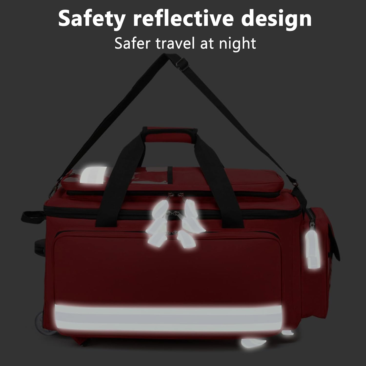 Rolling Medical Bag with Wheels, Large Capacity Medical Trolley Bag Empty, W/Reflective Strips & a Pull Handle, Multi-Pocket Design, for Home Health Nurses, Doctors