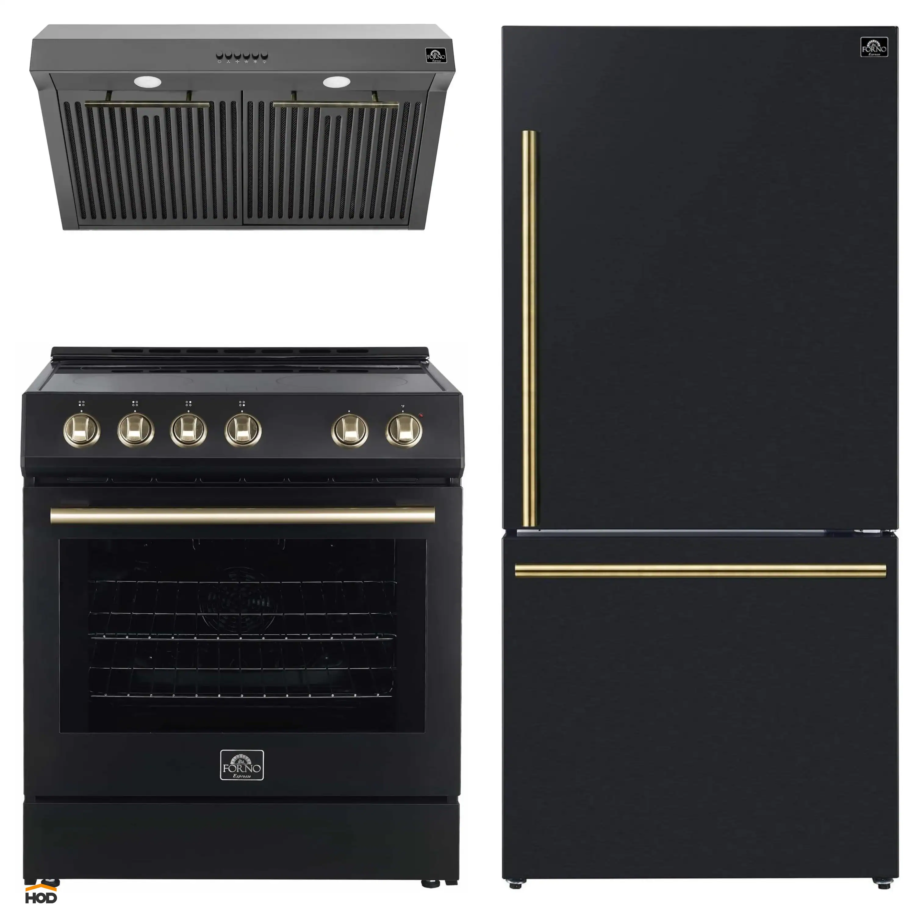Forno Espresso 3-Piece Appliance Package - 30-Inch Electric Range with 5.0 Cu.Ft. Electric Oven, Built-In Refrigerator, and Under Cabinet Range Hood in Black with Antique Brass Trim
