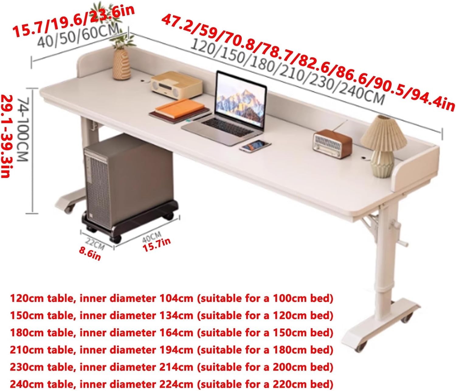 Adjustable Height Mobile Overbed Table with Baffles, Mobile Bed Desk with 360° Wheels, Standing Workstation Laptop Cart, Laptop Desk Over Bed Table for Home(White,120x50cm/47x20)
