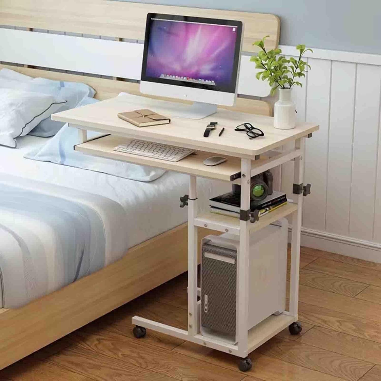 Adjustable Overbed Table with Wheels, Mobile Bedside Table with Double-Layer Storage, Manual Lifting Desk for Hospital and Home Use