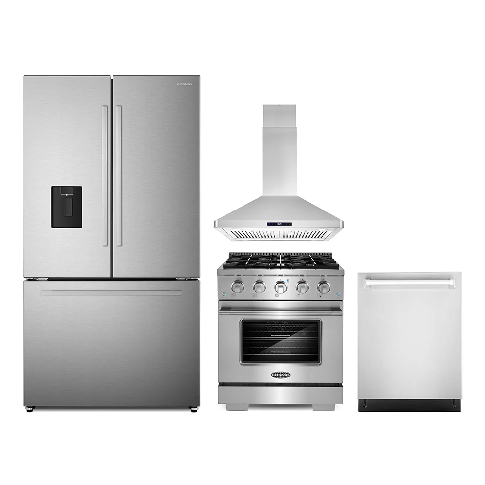 Cosmo 4-Piece Appliance Package - 30-Inch Gas Range, Island Mount Range Hood, Dishwasher and Refrigerator with Water Dispenser in Stainless Steel (COS-4PKG-658)