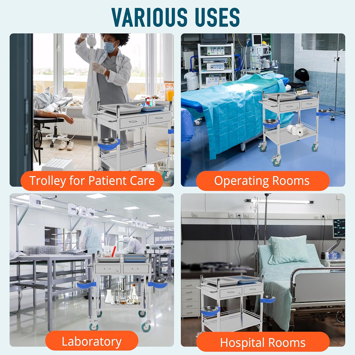 *Improved & Upgraded* Medical Stainless Steel 2 Tier Rolling Cart with Wheels and Drawers | Dental Hospital Nursing Trolley | Easy-to-Disinfect Phlebotomy Mobile Workstation