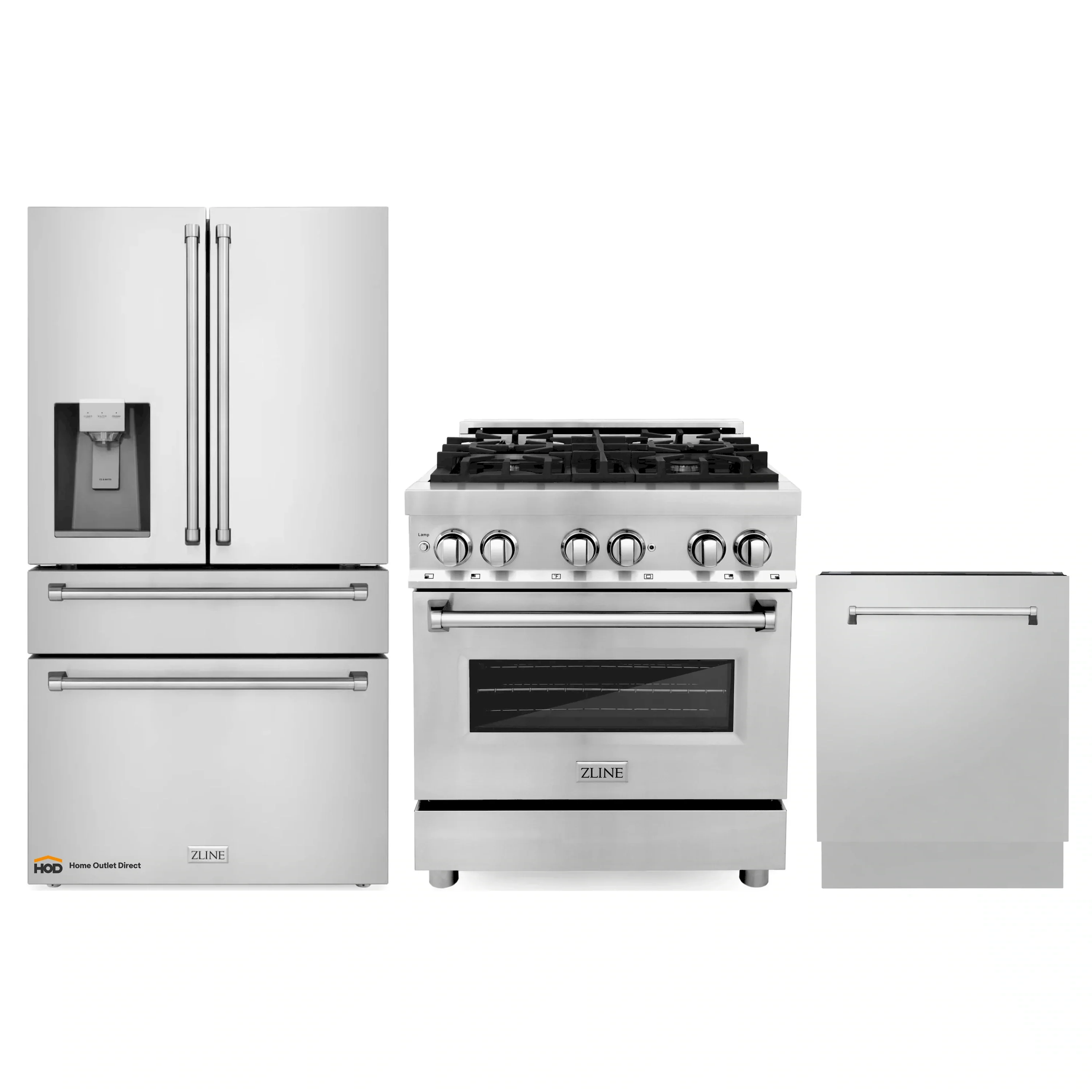 ZLINE 3-Piece Appliance Package - 30-Inch Dual Fuel Range, Refrigerator with Water Dispenser, Convertible Wall Mount Hood, and 3-Rack Dishwasher in Stainless Steel