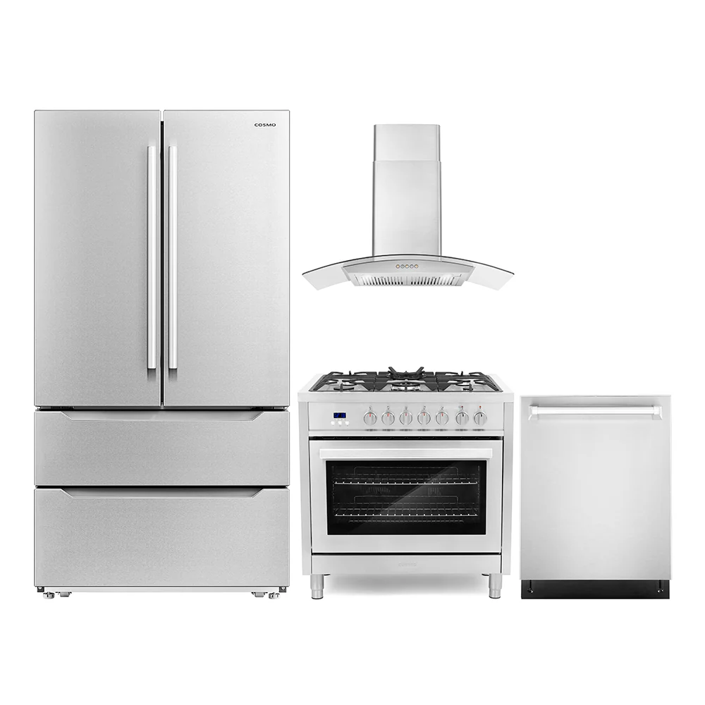 Cosmo 4-Piece Appliance Package - 36-Inch Single Oven Dual Fuel Range, Wall Mount Range Hood, Dishwasher and Refrigerator in Stainless Steel (COS-4PKG-222)