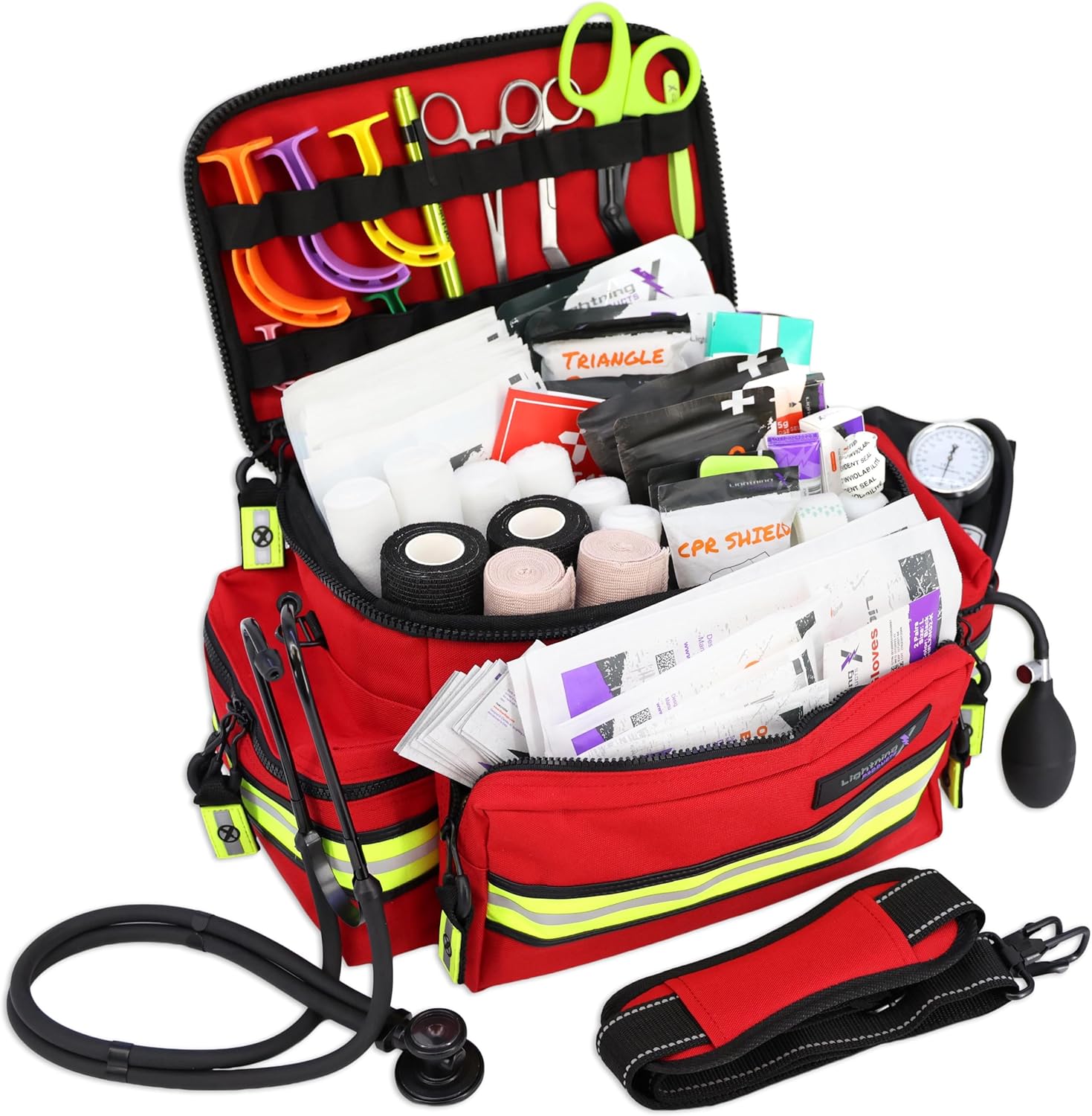 Lightning X Mid-Sized First Responder EMT Bag | LXMB25 | Fully Stocked w/ 240+ First Aid, EMS & Trauma Supplies - RED
