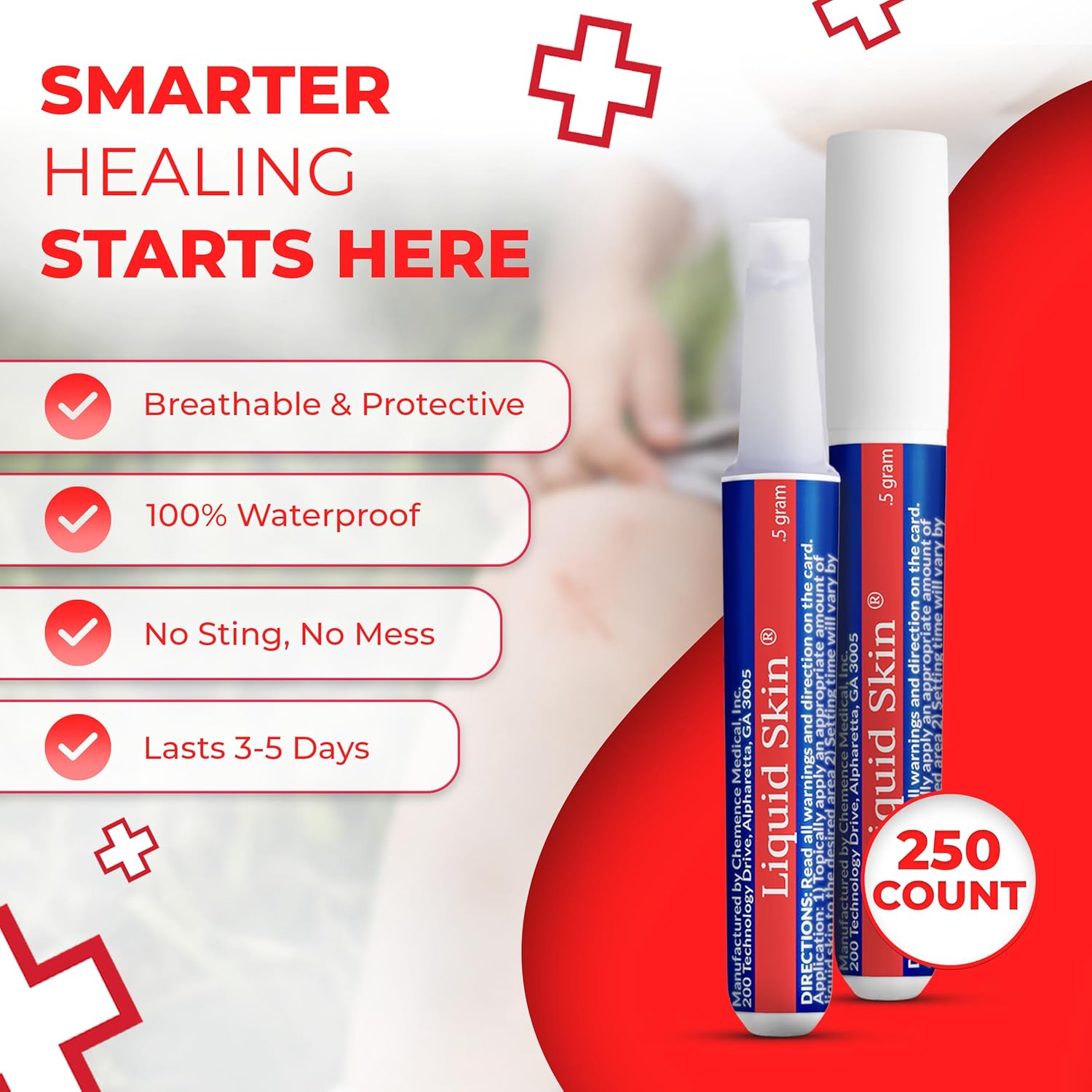 Liquid Bandage for Skin – Waterproof Skin Glue for Wound Closure, Flexible Liquid Barrier with Non-Sting Formula – Long-Lasting Liquid Bandage - 250 Count