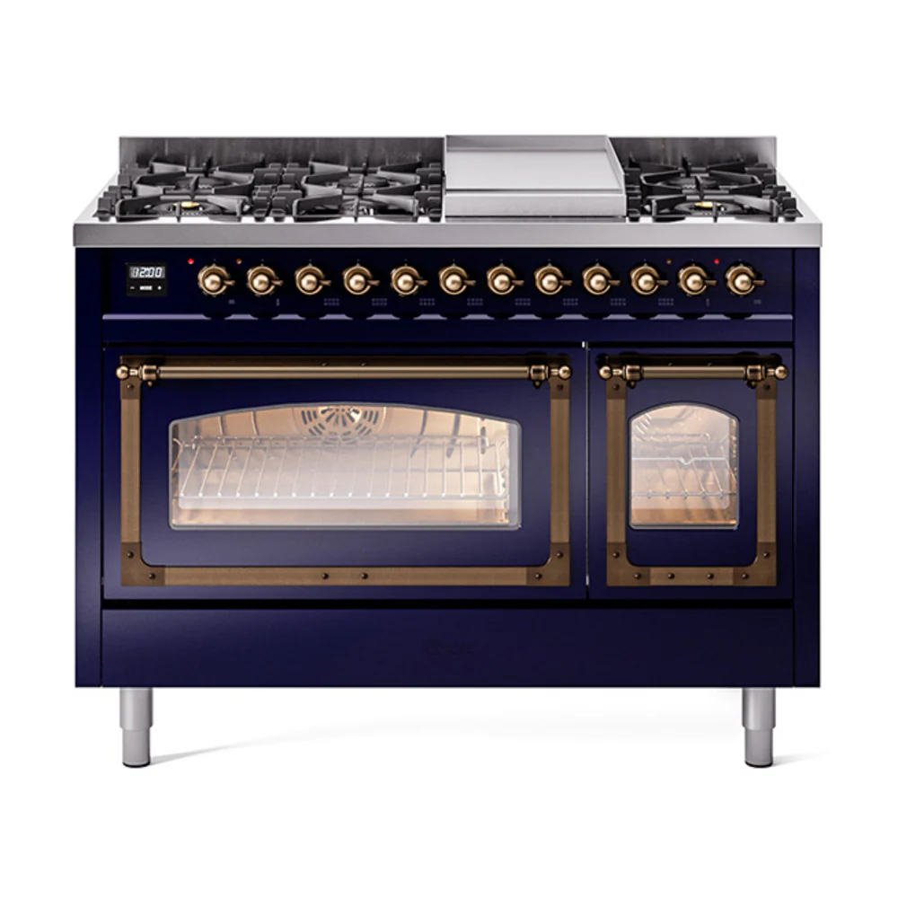 ILVE Nostalgie II Noblesse 48-Inch Dual Fuel Freestanding Range in Midnight Blue with Bronze Trim (UN48FNMPMBB)