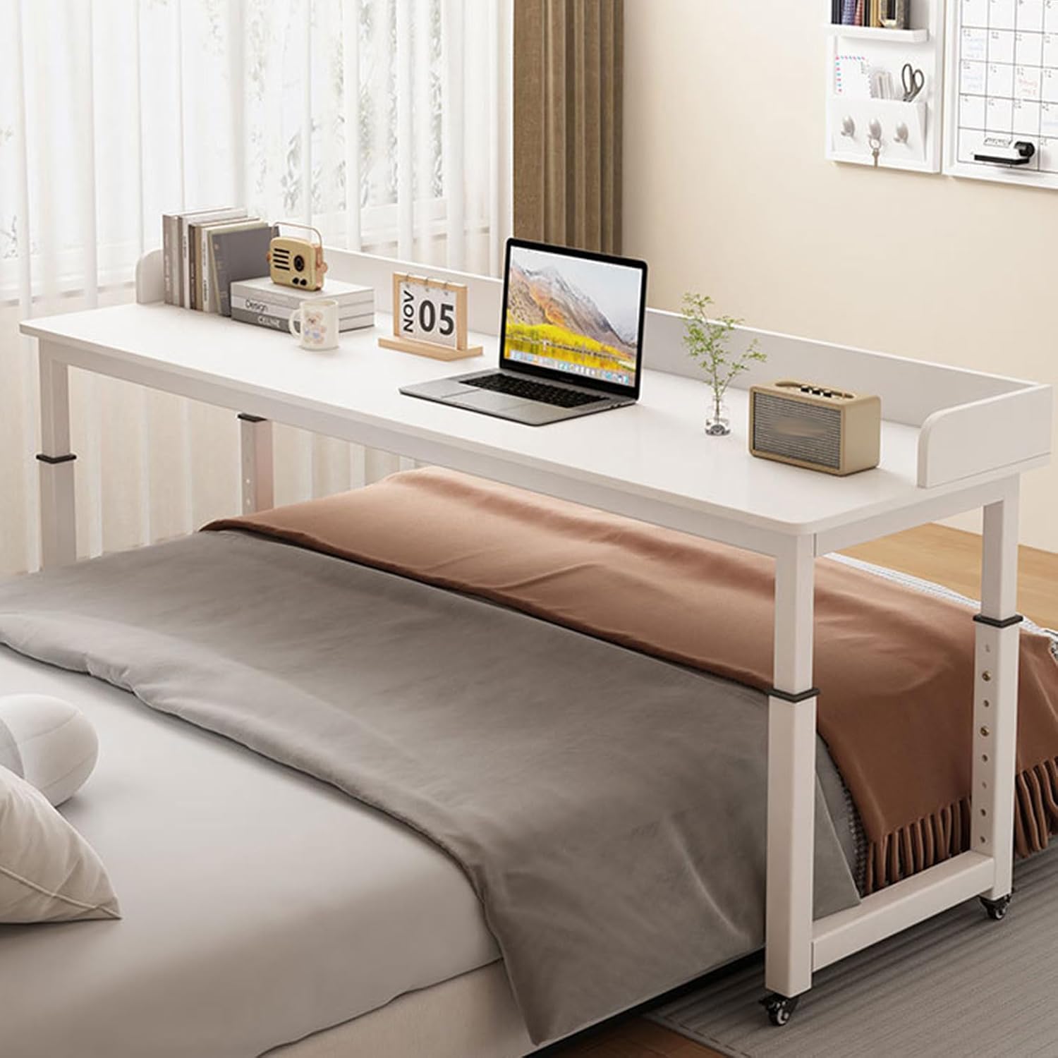 Overbed Table with Wheels, Adjustable Height, Mobile Over Bed Table, Standing Workstation, Portable Medical Over Bed Desk Space Saving for Home and Hospital,White,59.1