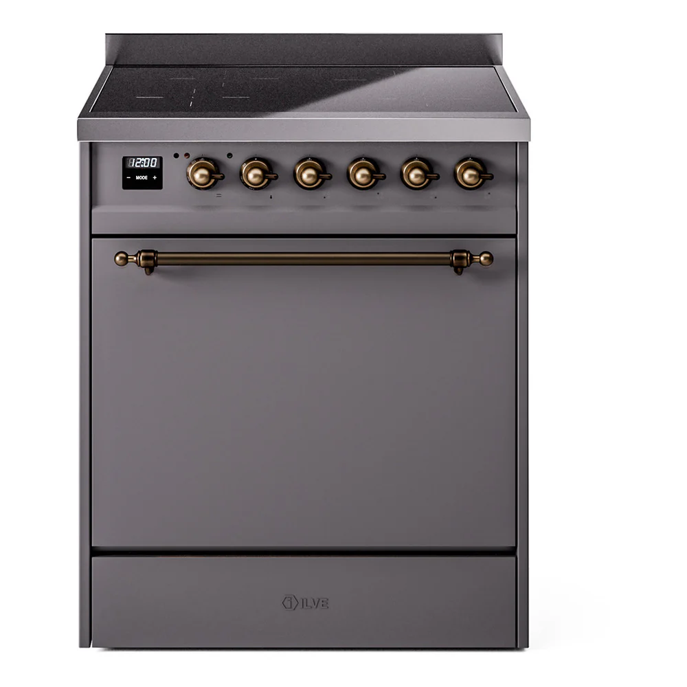 ILVE 30-Inch Nostalgie II Induction Range with Solid Door Oven in Matte Graphite with Bronze Trim (UPI304QNMPMGB)
