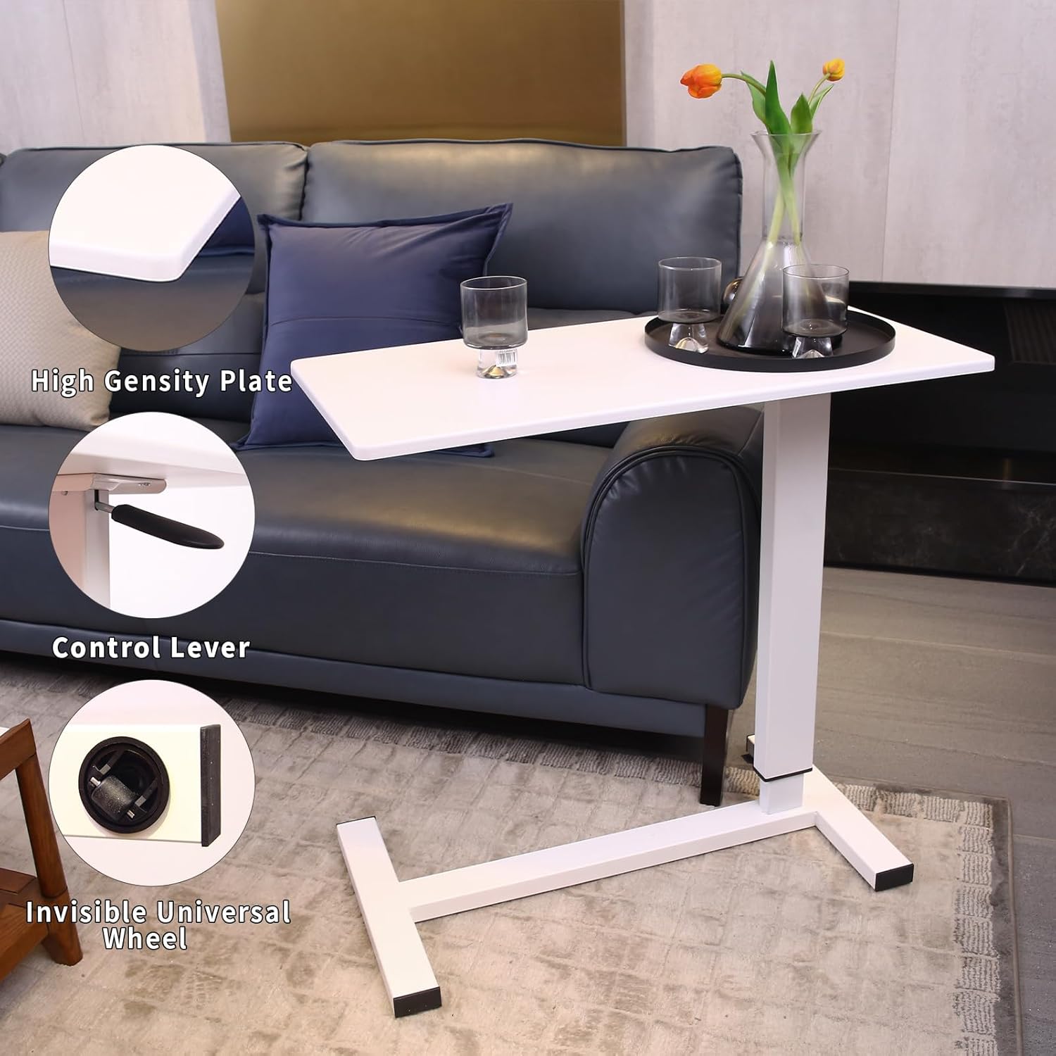 Adjustable Overbed Bedside Table with Swivel Hidden Wheels, Pneumatic Sliding Desk Mobile Desk Workstation for Home and Hospital, Height-Enhanced Version (White)