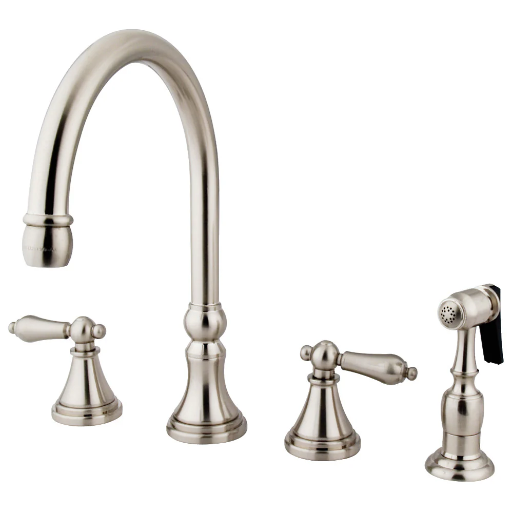 Kingston Brass Governor Double-Handle Widespread Kitchen Faucet with Brass Sprayer, Brushed Nickel (KS2798ALBS)