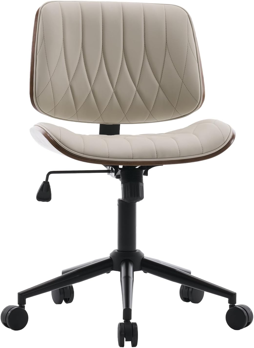 Armless Desk Chair, Mid-Century Modern Office Chair no Arms, Vanity Chair, PU Leather Computer Task Chairs for Home Small Space, Quilted Upholstery Bentwood Frame, Swivel with Wheels, Cream
