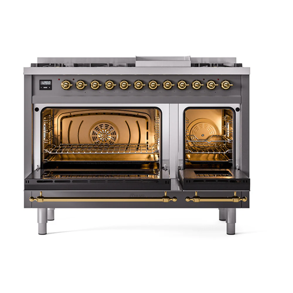 ILVE Nostalgie II Noblesse 48-Inch Dual Fuel Freestanding Range with Solid Door Oven in Matte Graphite with Brass Trim (UN48FQNMPMGG)