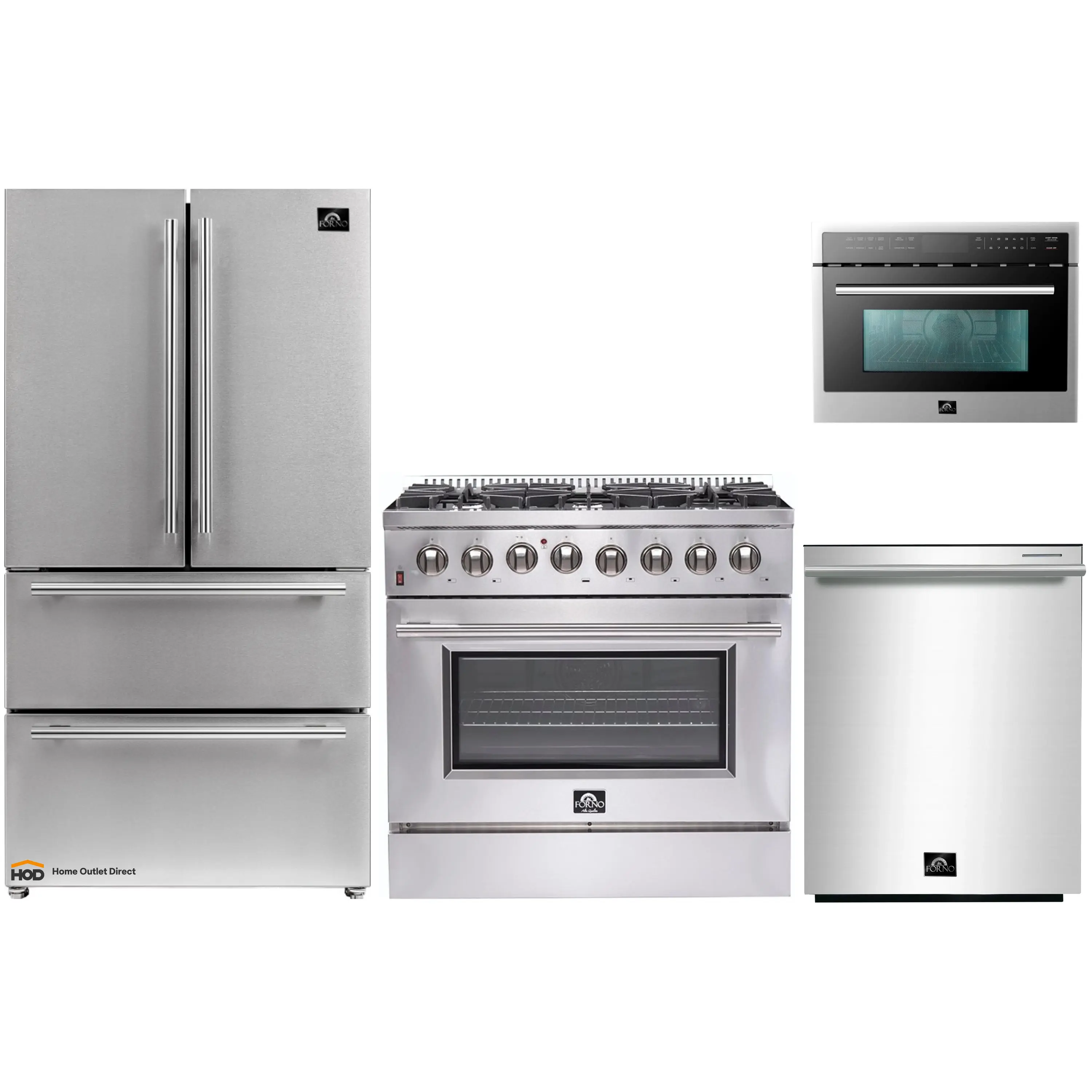 Forno 4-Piece Appliance Package - 36-Inch Dual Fuel Range, Refrigerator, 24-Inch Microwave Oven, & 3-Rack Dishwasher in Stainless Steel