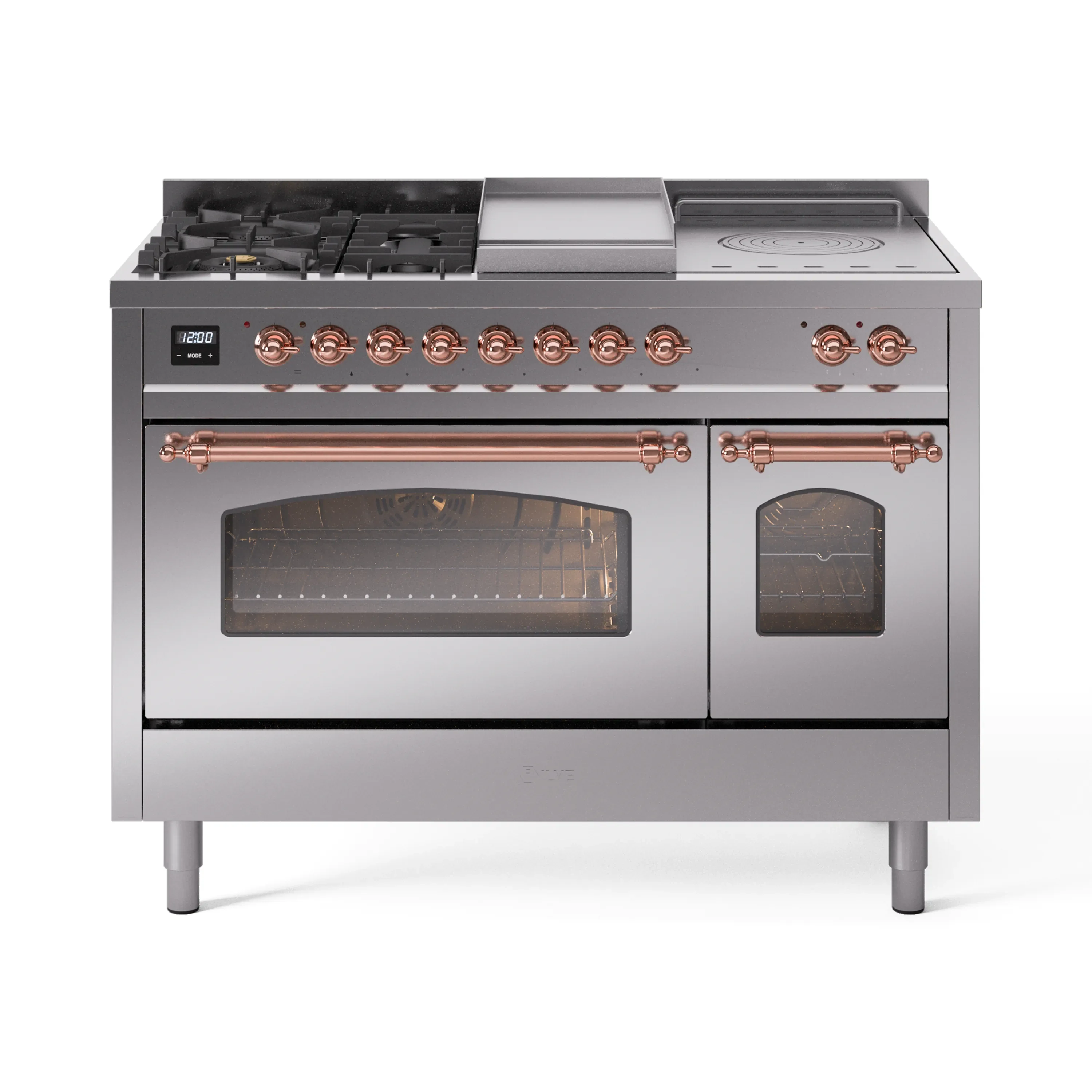 ILVE 48-Inch Nostalgie II Noblesse Dual Fuel Range with 5 Sealed Burners, Griddle, French Top and Triple Glass Door Oven in Stainless Steel with Copper Trim (UN48FSNMPSSP)