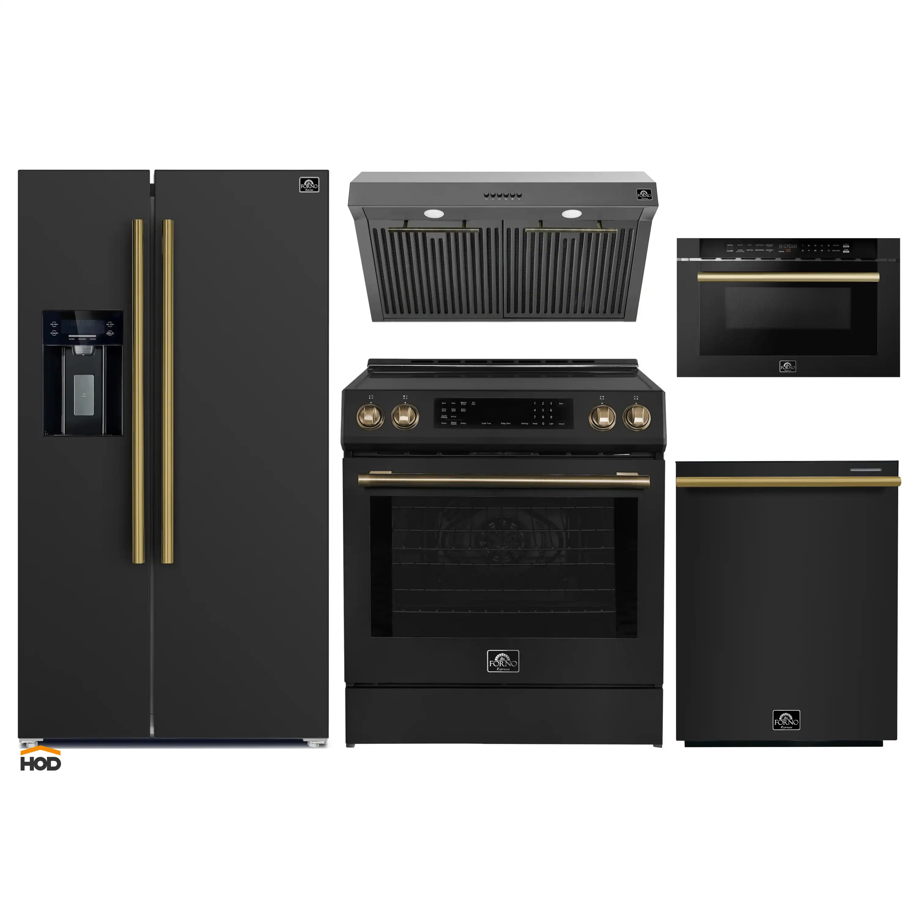 Forno 5-Piece Appliance Package - 30-Inch Induction Range, Under Cabinet Range Hood, Refrigerator with Water Dispenser, Dishwasher, and  Microwave Drawer in Black with Antique Brass Trim