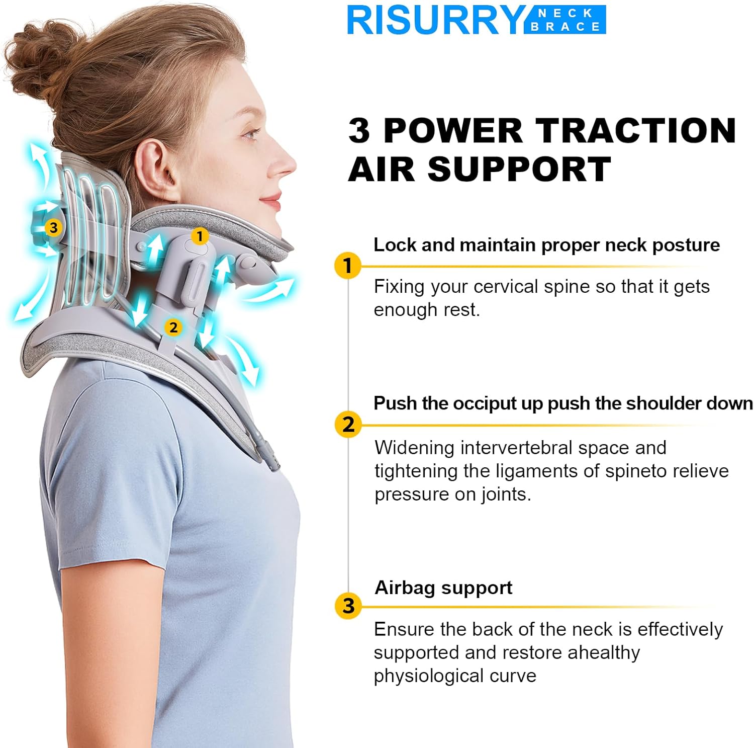 Cervical Neck Traction Device Fast Air Pump Neck Brace, Adjustable Inflatable Neck Stretcher with 3 Power Tractions Pain Relief Neck Decompression Tension Relief