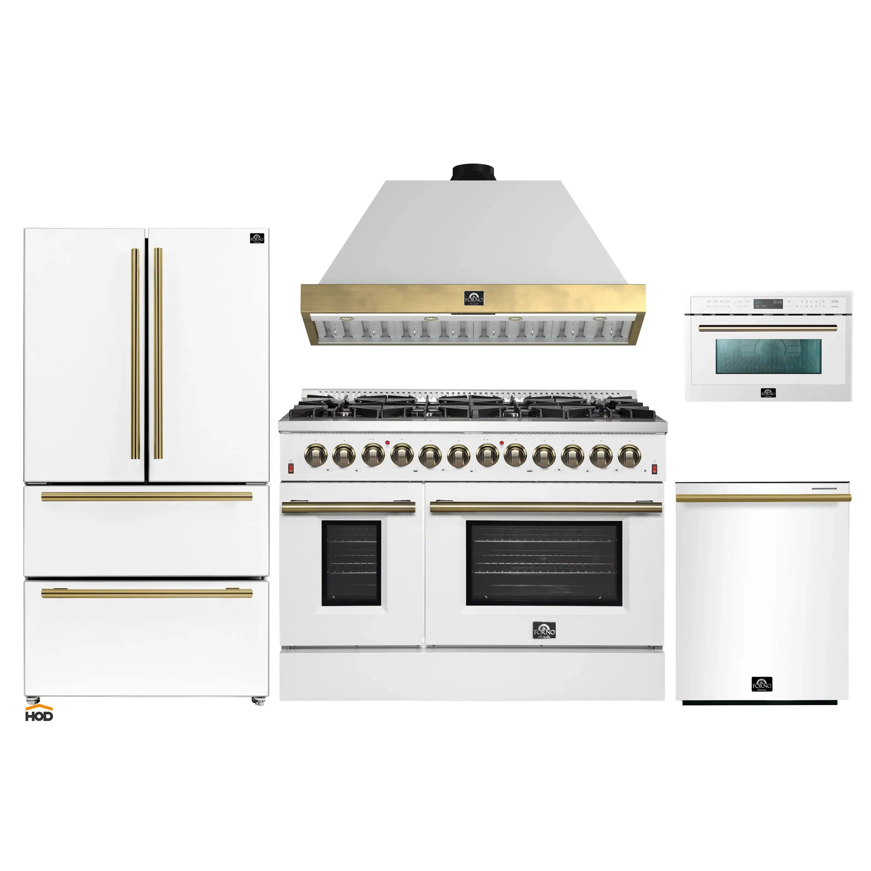 Forno Galiano 5-Piece Appliance Package - 48-Inch Dual Fuel Range, 48-Inch Hood, 36-Inch Refrigerator, 24-Inch Dishwasher, & 30-Inch Microwave Oven in White with Antique Brass Trim