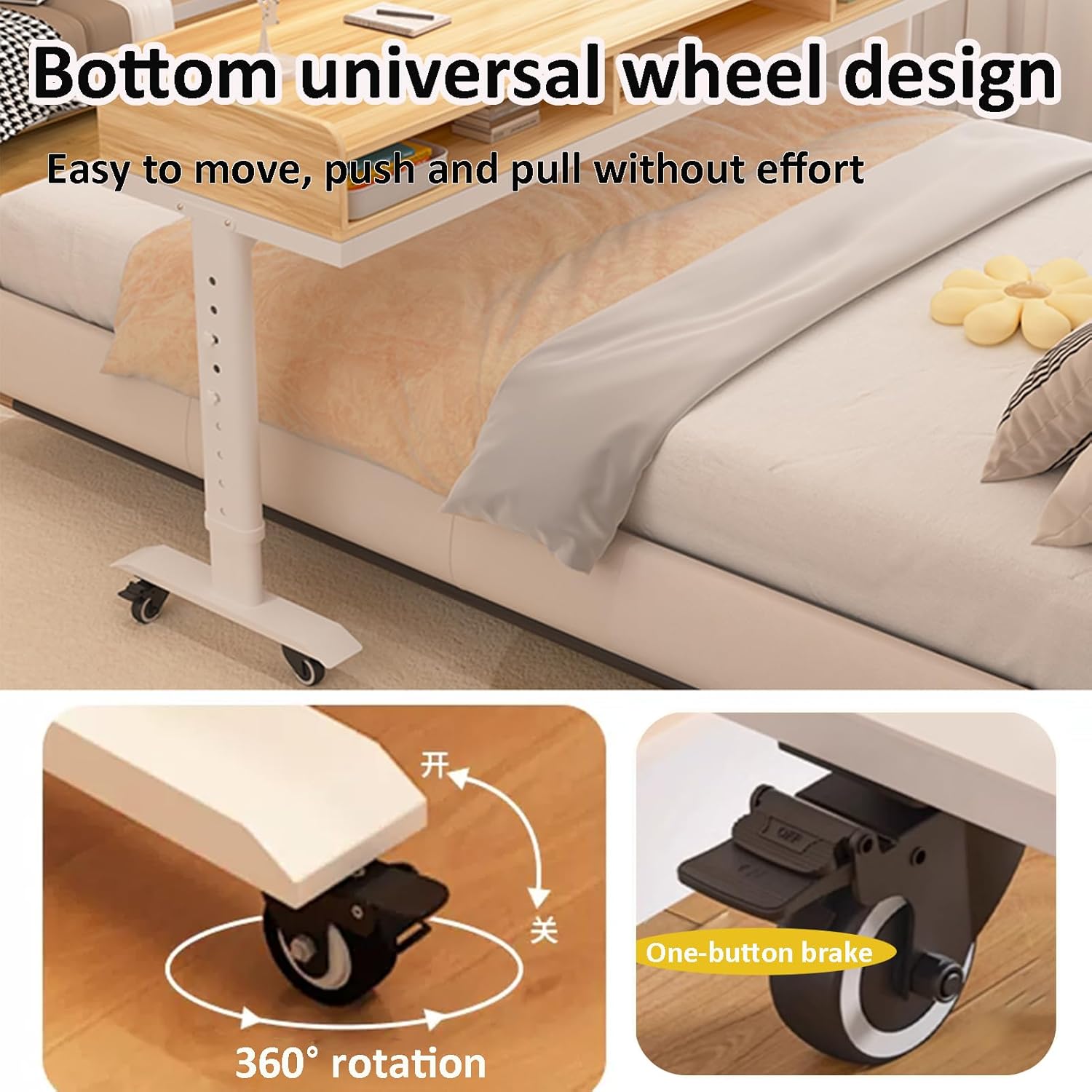 Height Adjustable Over Bed Table with Drawer & 3-Side Guard Rails, Over The Bed Table with Wheels, Rolling Over Bed Desk, Laptop Workstation for Bedroom, Living Room, Office, Hospital