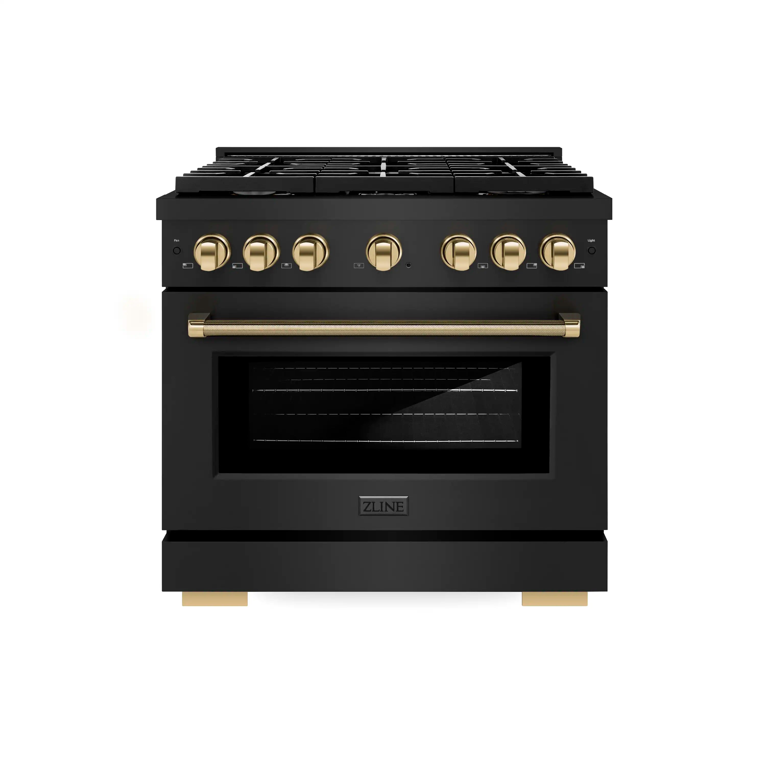 ZLINE Autograph 36-Inch Paramount Gas Range in Black Stainless Steel with Gold Helix Handle (SGRBZ-36-KG)