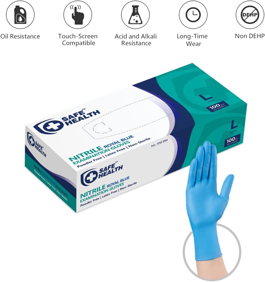 Safe Health Nitrile Exam Gloves, 3.5 Mil, Bulk of 16 Cases, Latex Free, Powder Free, Blue, Medical Care, Nursing, Cleaning