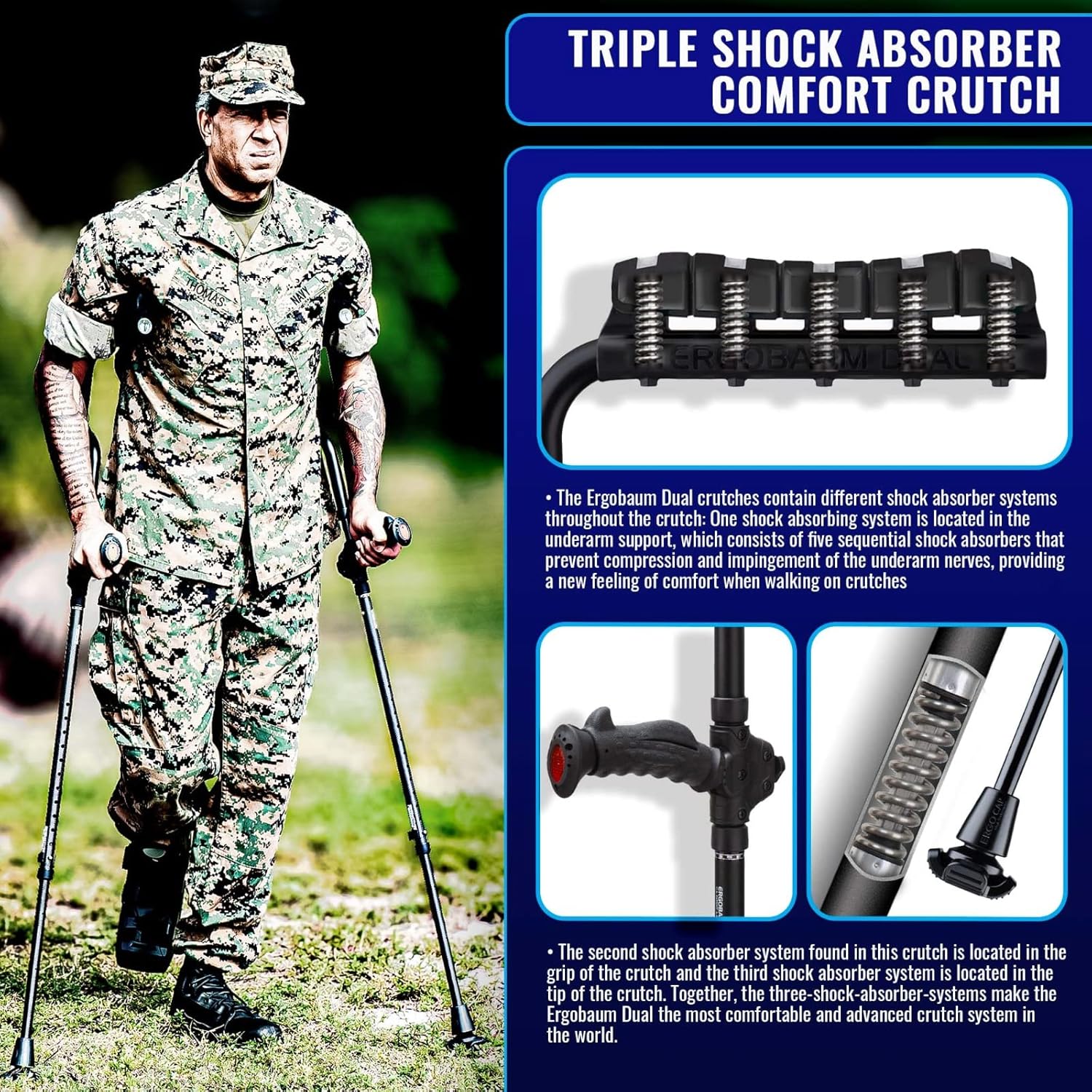 Ergobaum Dual Black Cobra(5' to 6'6'') Ergonomic Underarm Crutches (1 Pair) of Double-Function Shock Absorber Underarm Crutches with Arm Support (Real Carbon Fiber)