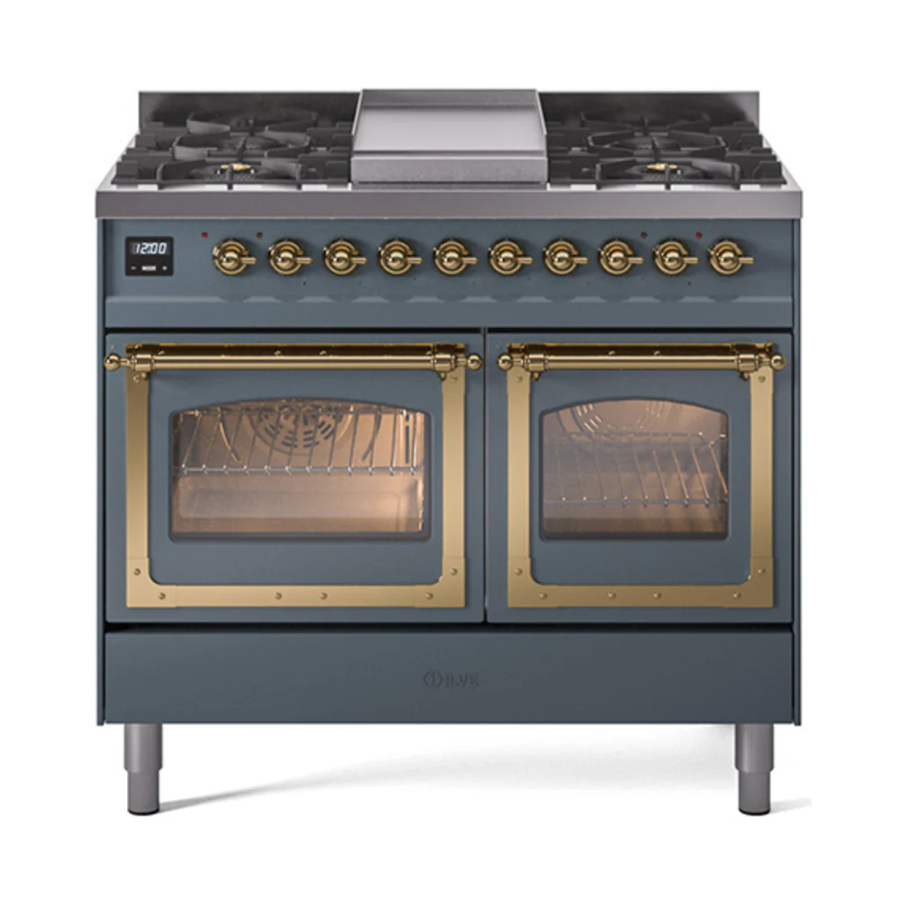 ILVE 40-Inch Nostalgie II Noblesse Dual Fuel Range with Triple Glass Door Oven in Blue Grey with Brass Trim (UND40FNMPBGG)