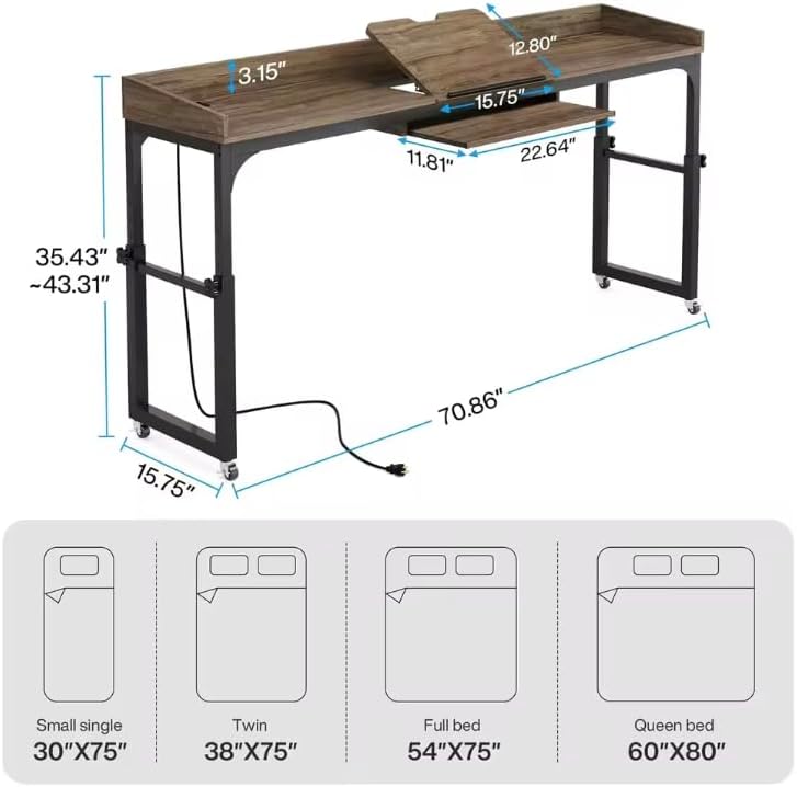 Height Adjustable Overbed Table with Wheels, Mobile Laptop Cart Computer Desk for Queen Size Bed