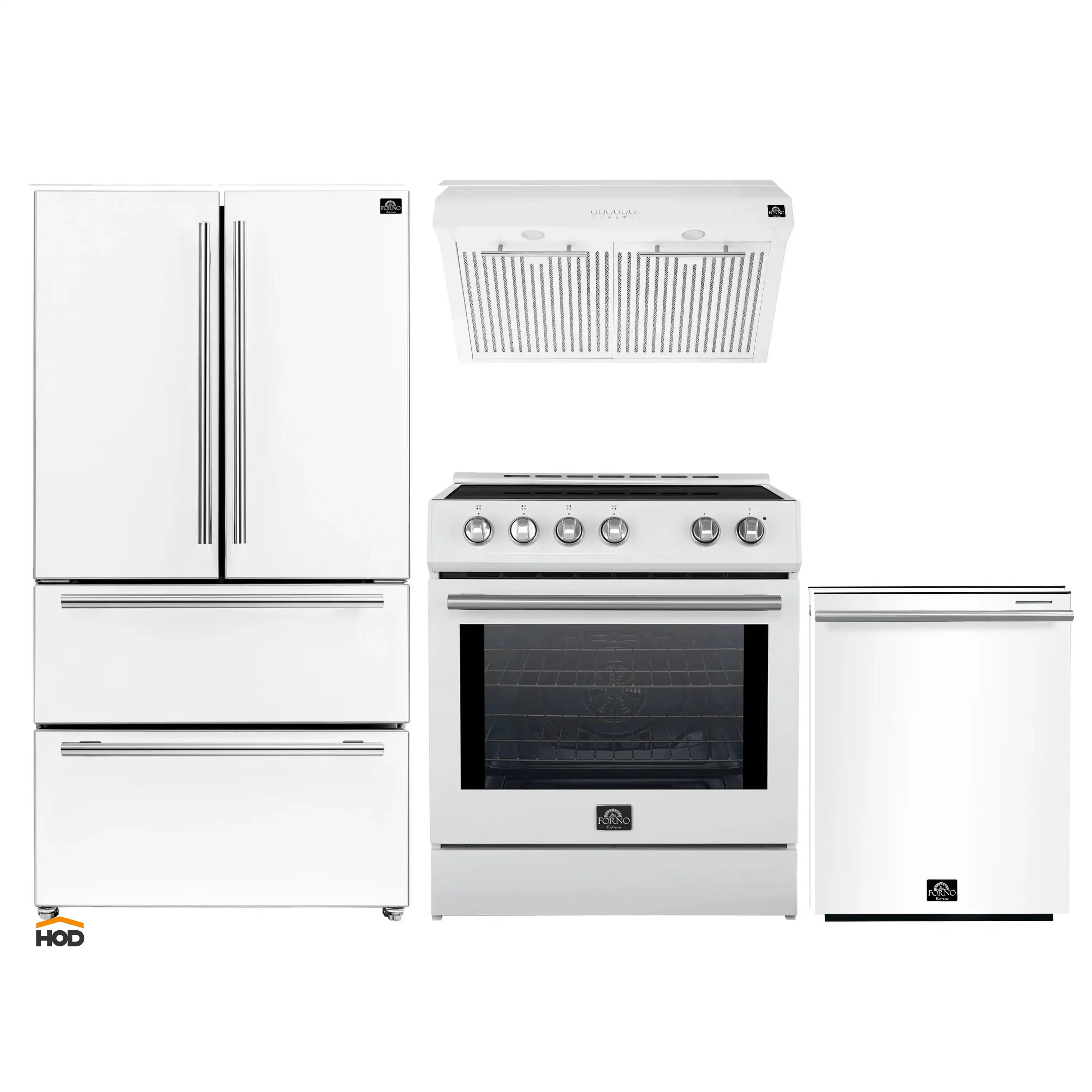 Forno 4-Piece Appliance Package - 30-Inch Induction Range, Under Cabinet Range Hood, French Door Refrigerator, and Dishwasher in White with Stainless Steel Trim