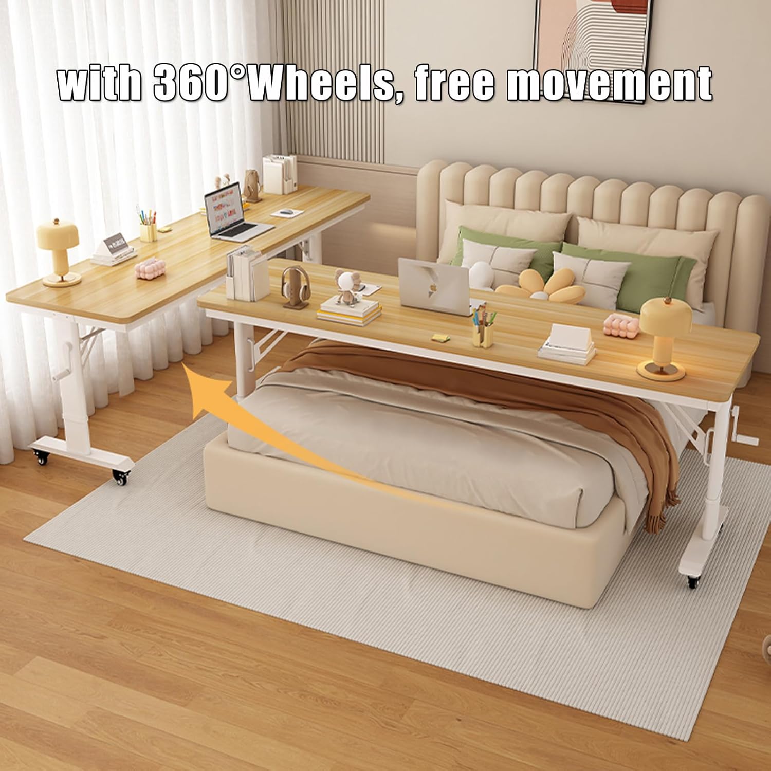 Medical Overbed Table with Wheels and Adjustable Height - Standing Workstation Laptop Desk,Mobile Laptop Cart Computer Desk for Hospital and Home Use,Light Brown-39.4