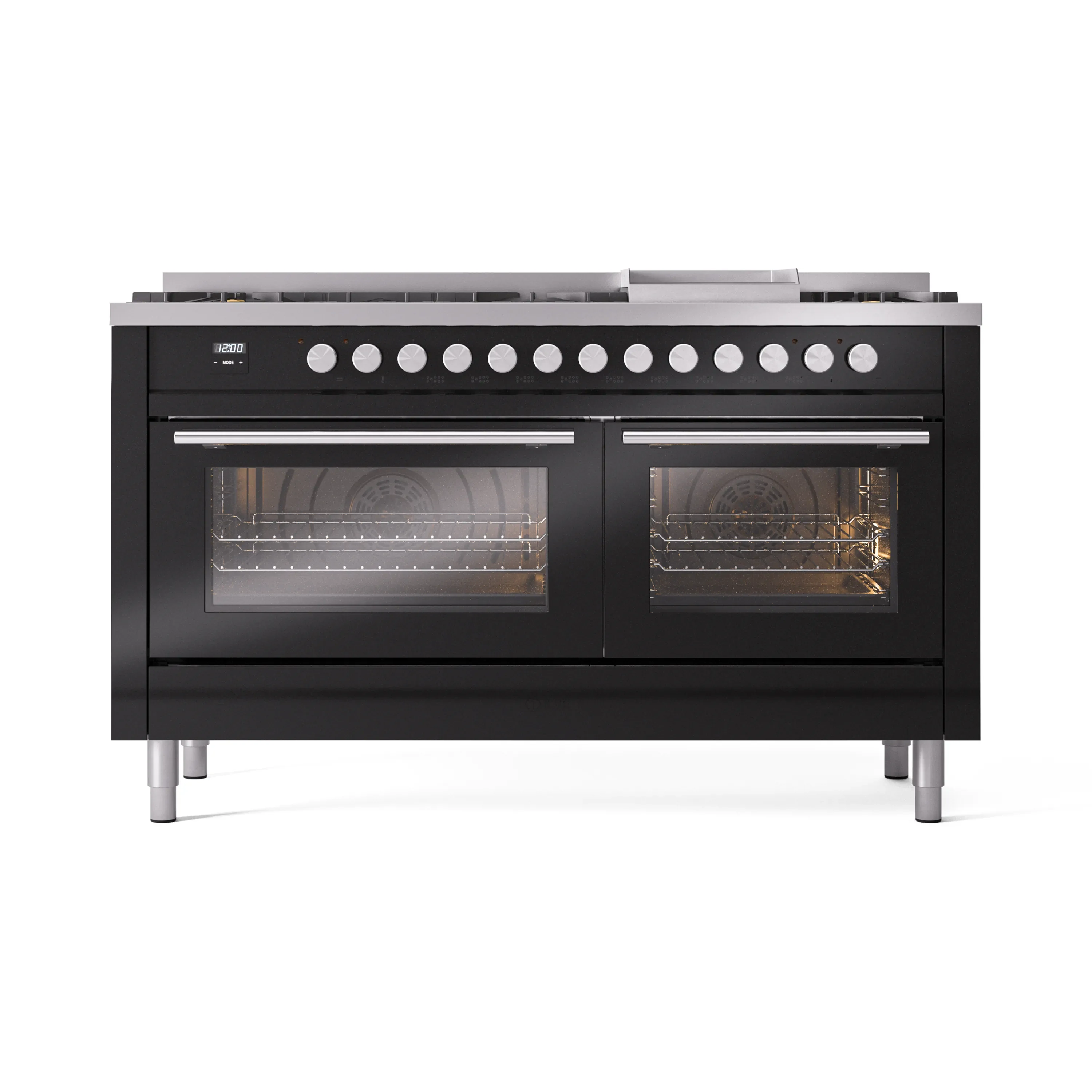 ILVE 60-inch Professional Plus II Dual Fuel Range with 9 Burners, Griddle, and Triple Glass Door Oven in Glossy Black (UP60FWMPBK)