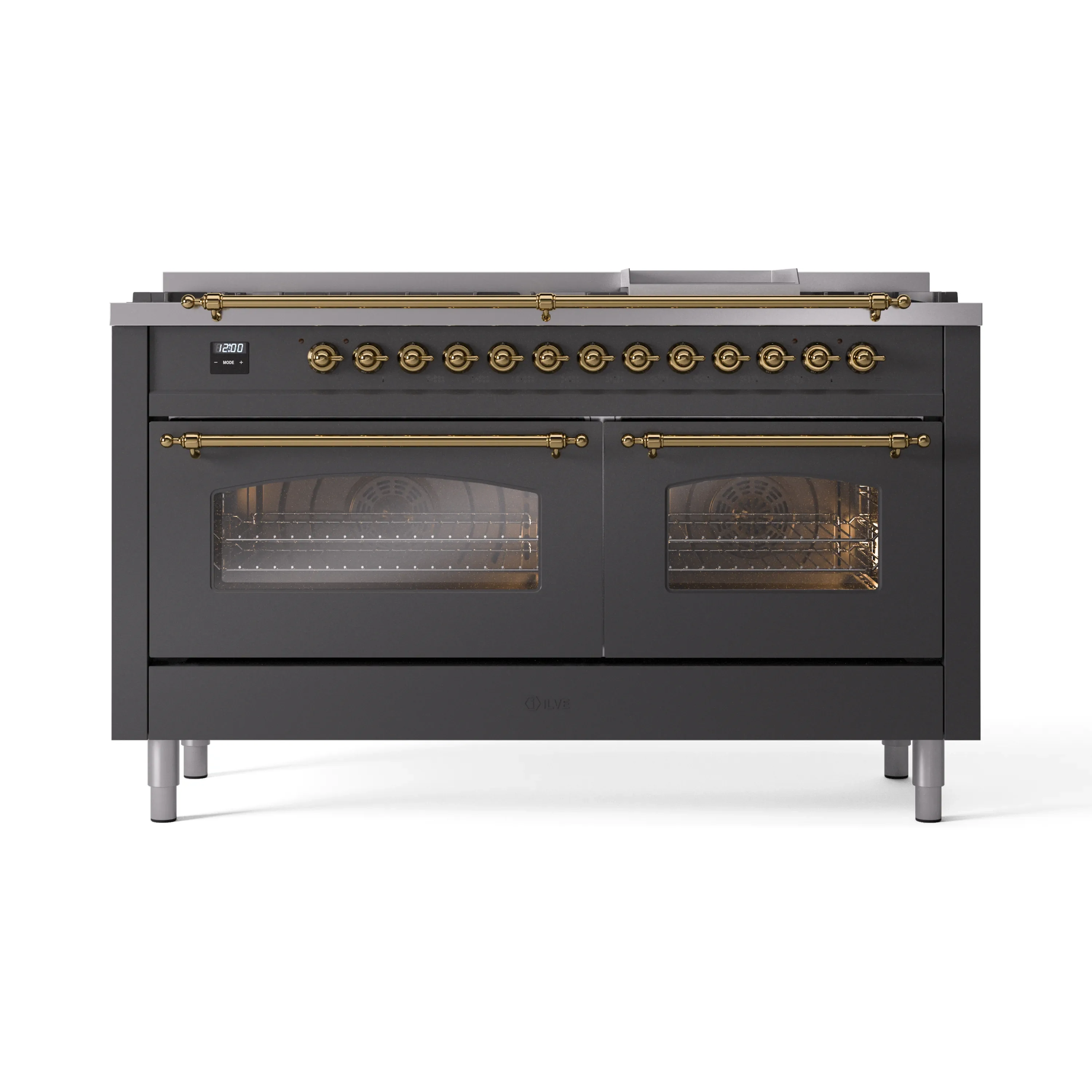 ILVE 60-Inch Nostalgie II Dual Fuel Range with 9 Burners, Griddle and Triple Glass Door Oven in Matte Graphite with Brass Trim (UP60FNMPMGG)