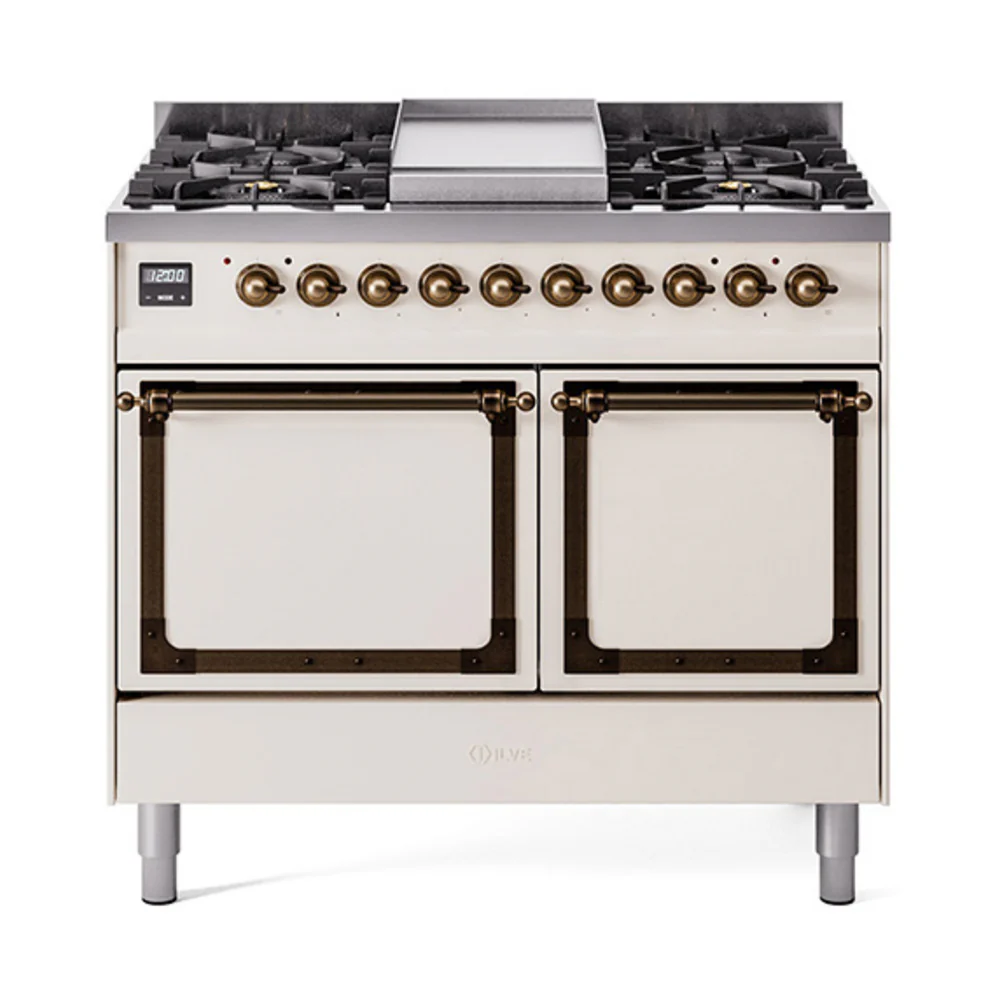 ILVE 40-Inch Nostalgie II Noblesse Dual Fuel Range with Solid Door Oven in Antique White with Bronze Trim (UND40FQNMPAWB)