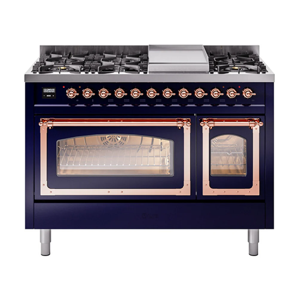 ILVE Nostalgie II Noblesse 48-Inch Dual Fuel Freestanding Range in Midnight Blue with Copper Trim (UN48FNMPMBP)