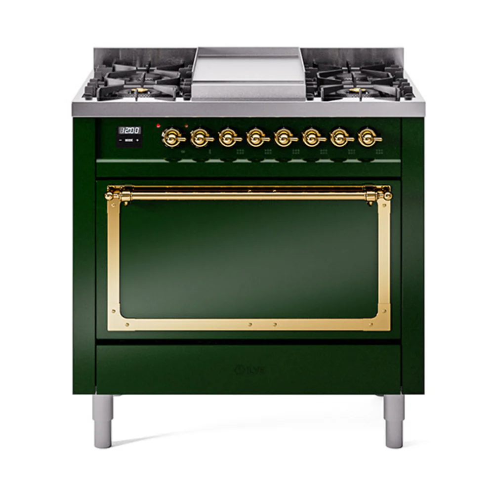 ILVE Nostalgie II Noblesse 36-Inch Dual Fuel Range and Solid Door Oven in Emerald Green with Brass Trim (UN36FQNMPEGG)