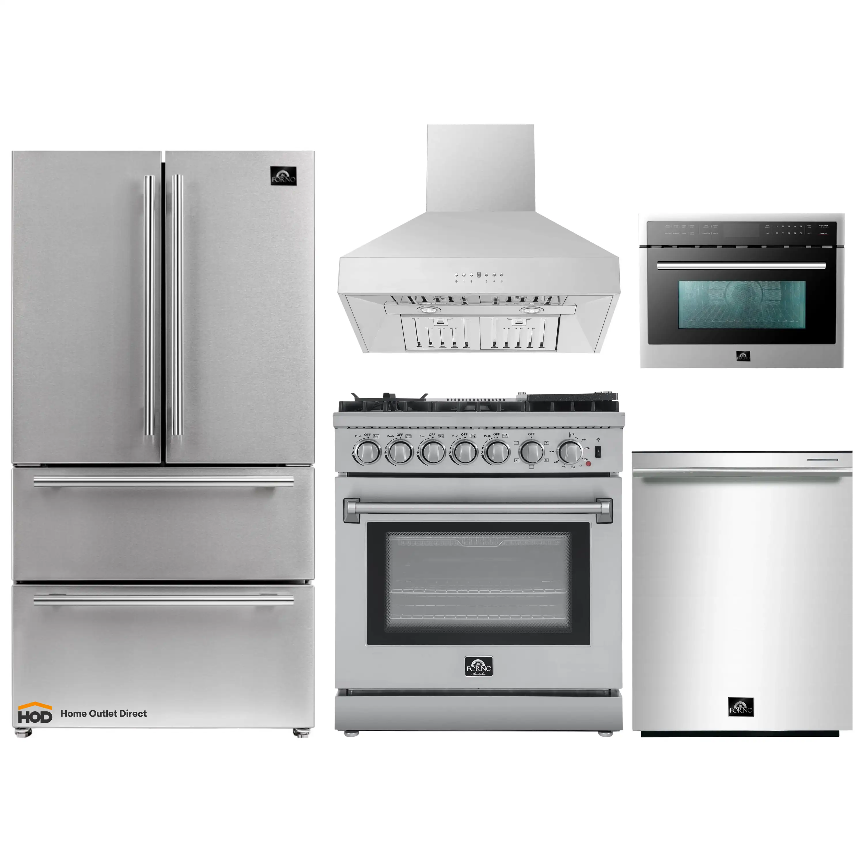 Forno 5-Piece Appliance Package - 30-Inch Dual Fuel Range with Air Fryer, Refrigerator, Wall Mount Hood, 24-Inch Microwave Oven, & 3-Rack Dishwasher in Stainless Steel