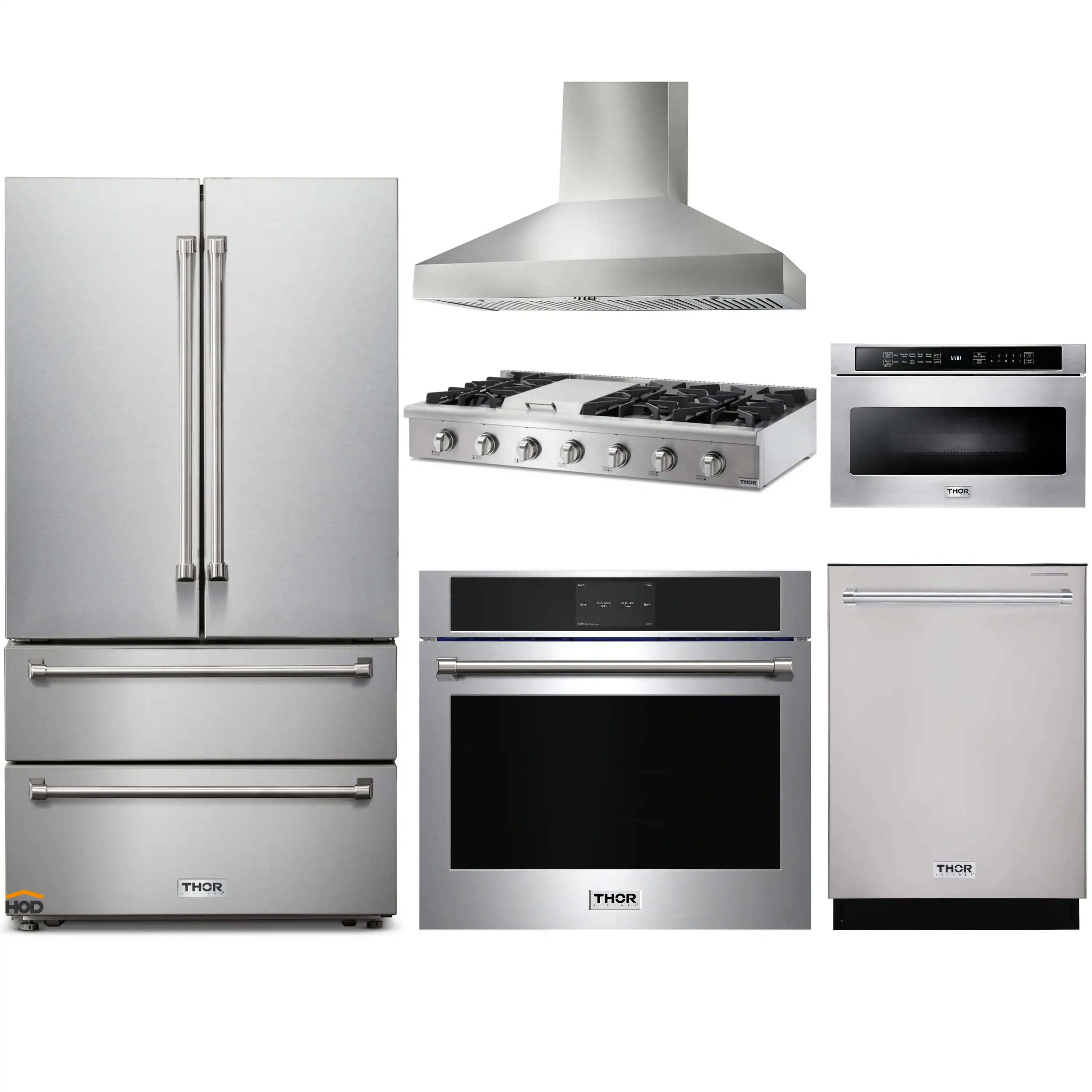 Thor Kitchen 6-Piece Pro Appliance Package - 48-Inch Rangetop, Electric Wall Oven, Pro Wall Mount Hood, Refrigerator, Dishwasher, & Microwave Drawer in Stainless Steel