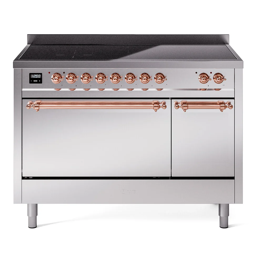 ILVE 48-Inch Nostalgie II Induction Range with Solid Door Oven in Stainless Steel with Copper Trim (UPI486QNMPSSP)