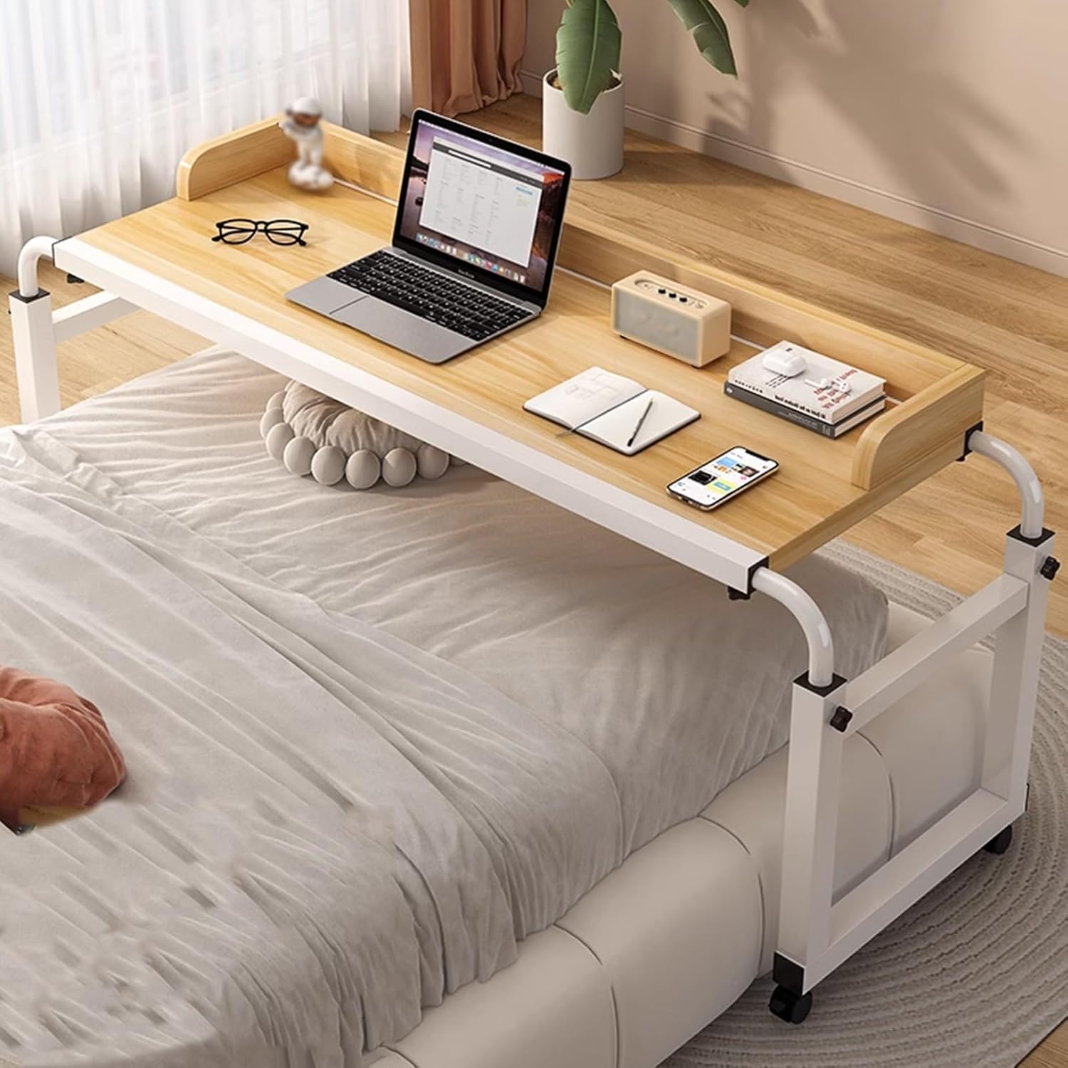 Over Bed Table with Wheels MDF Over Bed Desk, 65-95cm Height Can be Adjusted with 360° Universal Wheels and Heightened Stopper Suitable for Home, Hospital(Brass,100x40cm)