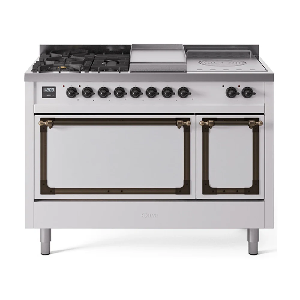 ILVE 48-Inch Nostalgie II Noblesse Dual Fuel Range with 5 Sealed Burners, Griddle, French Top and Solid Door Oven in White with Bronze Trim (UN48FSQNMPWHB)