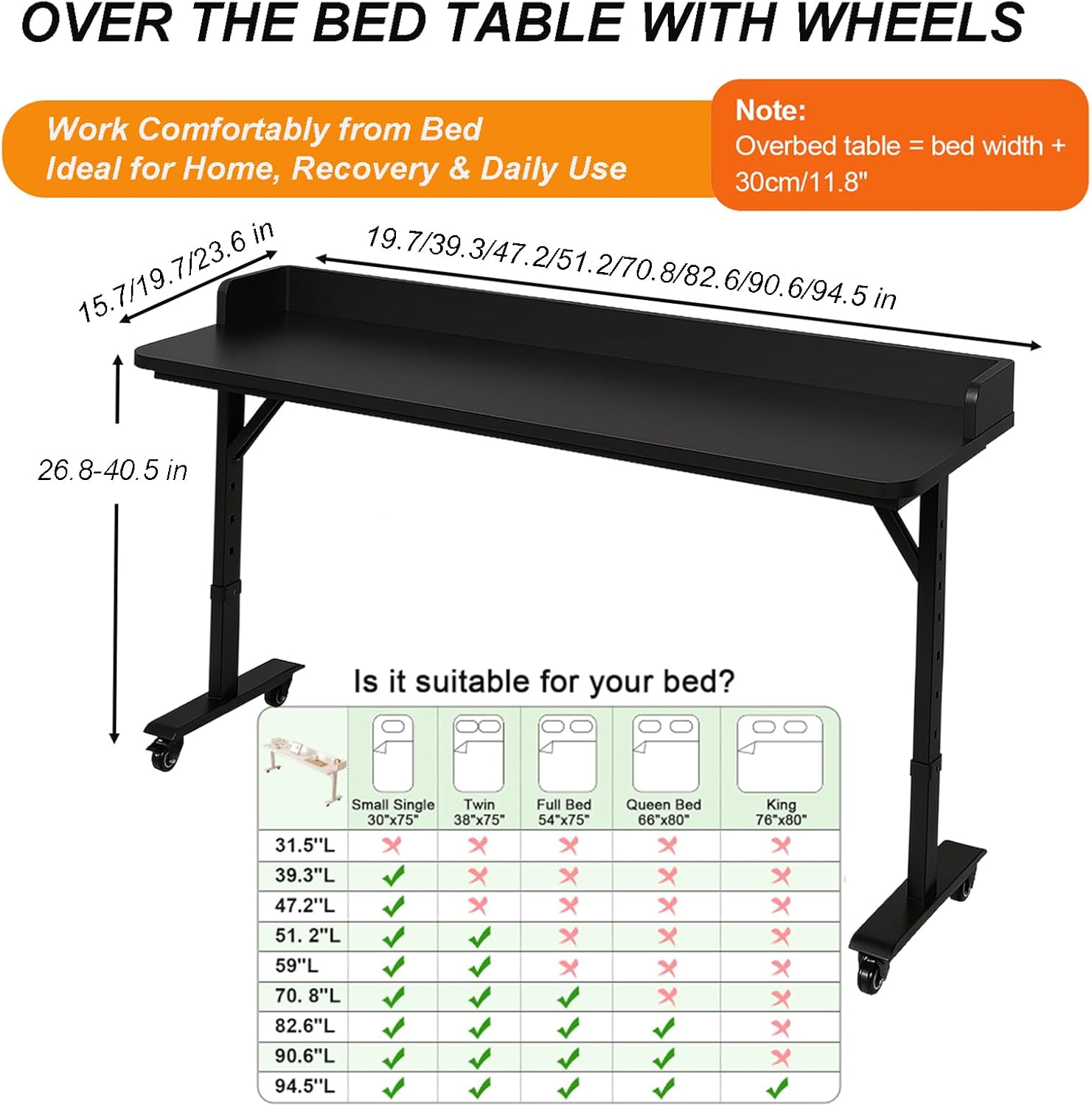Over The Bed Table with Wheels, Over Bed Table Adjustable Height, Rolling Over The Bed Desk, Overbed Desk, Mobile Laptop Cart for Bedroom, 31.5