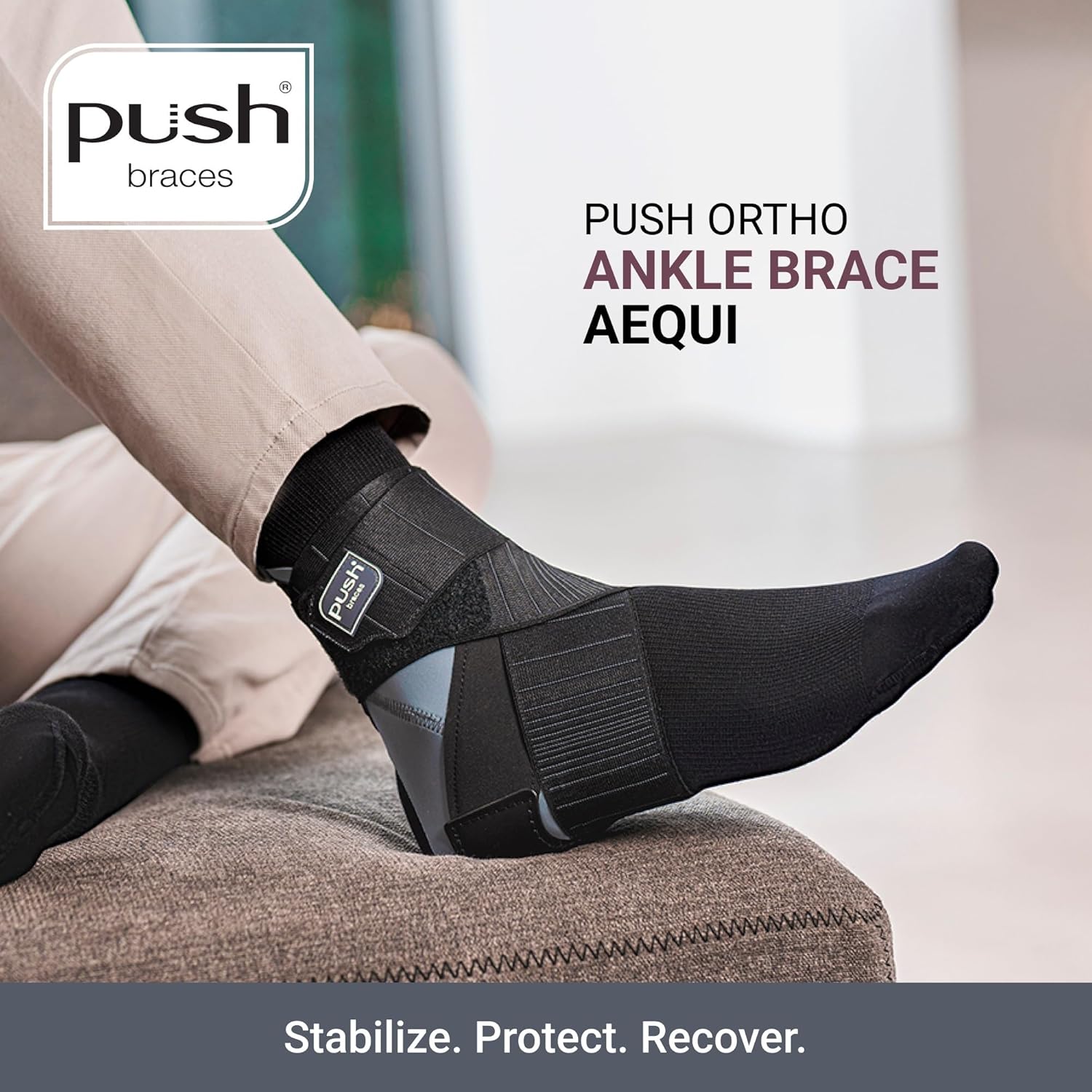 PUSH Ortho Ankle Brace Aequi - Stabilizer for Sprain, Injury, Instability, Fracture, Arthritis - Compression Support, Comfortable Fit, Moisture-Wicking (Right-Size 1)
