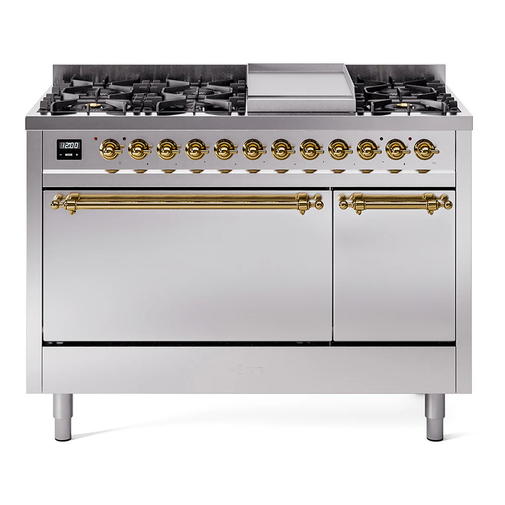 ILVE 48-Inch Nostalgie II Dual Fuel Range with 8 Burners, Griddle, and Solid Door Oven in Stainless Steel with Brass Trim (UP48FQNMPSSG)