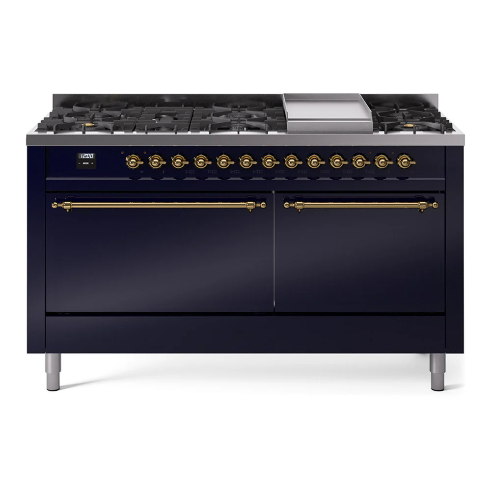 ILVE 60-Inch Nostalgie II Dual Fuel Range with 9 Burners, Griddle, and Solid Door Oven in Midnight Blue with Brass Trim (UP60FQNMPMBG)