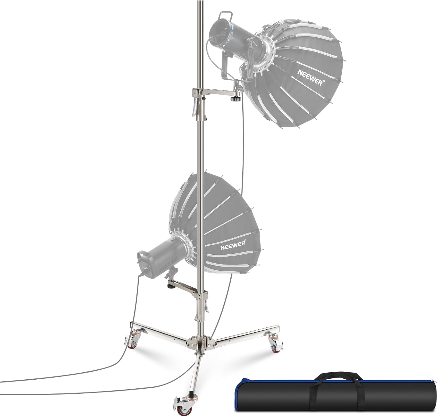 NEEWER 6.5ft/198cm Stainless Steel Light Stand, Heavy Duty Tripod Stand with Caster Wheels, 2 Sliding Arms with Pistol Grip, Folding Leg for Photography Softbox Monolight, Max. Load 35lb/16kg, ST198SS